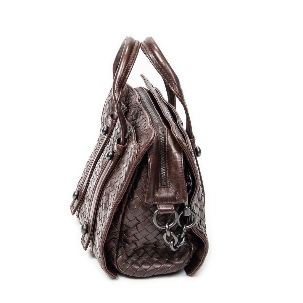 Handbag Top Handle Satchel Brown Intrecciato Leather