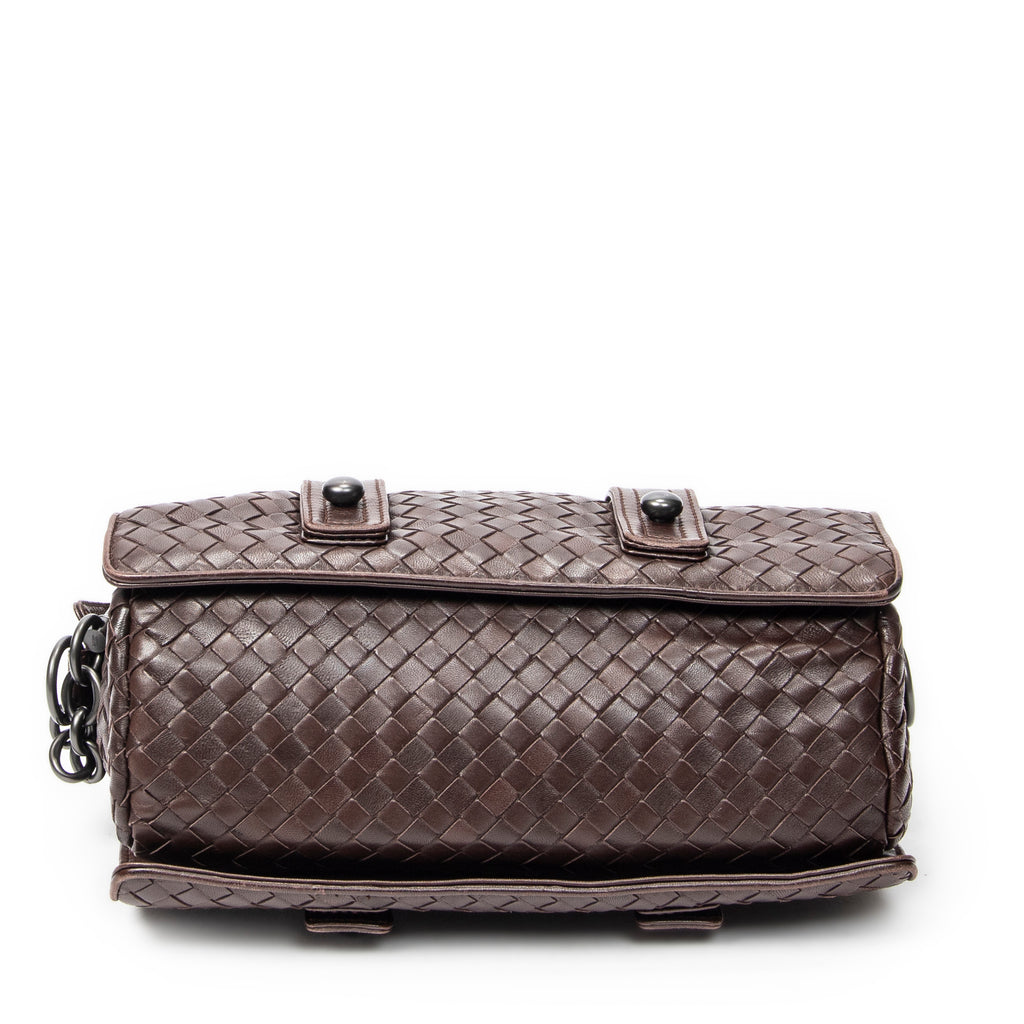 Handbag Top Handle Satchel Brown Intrecciato Leather