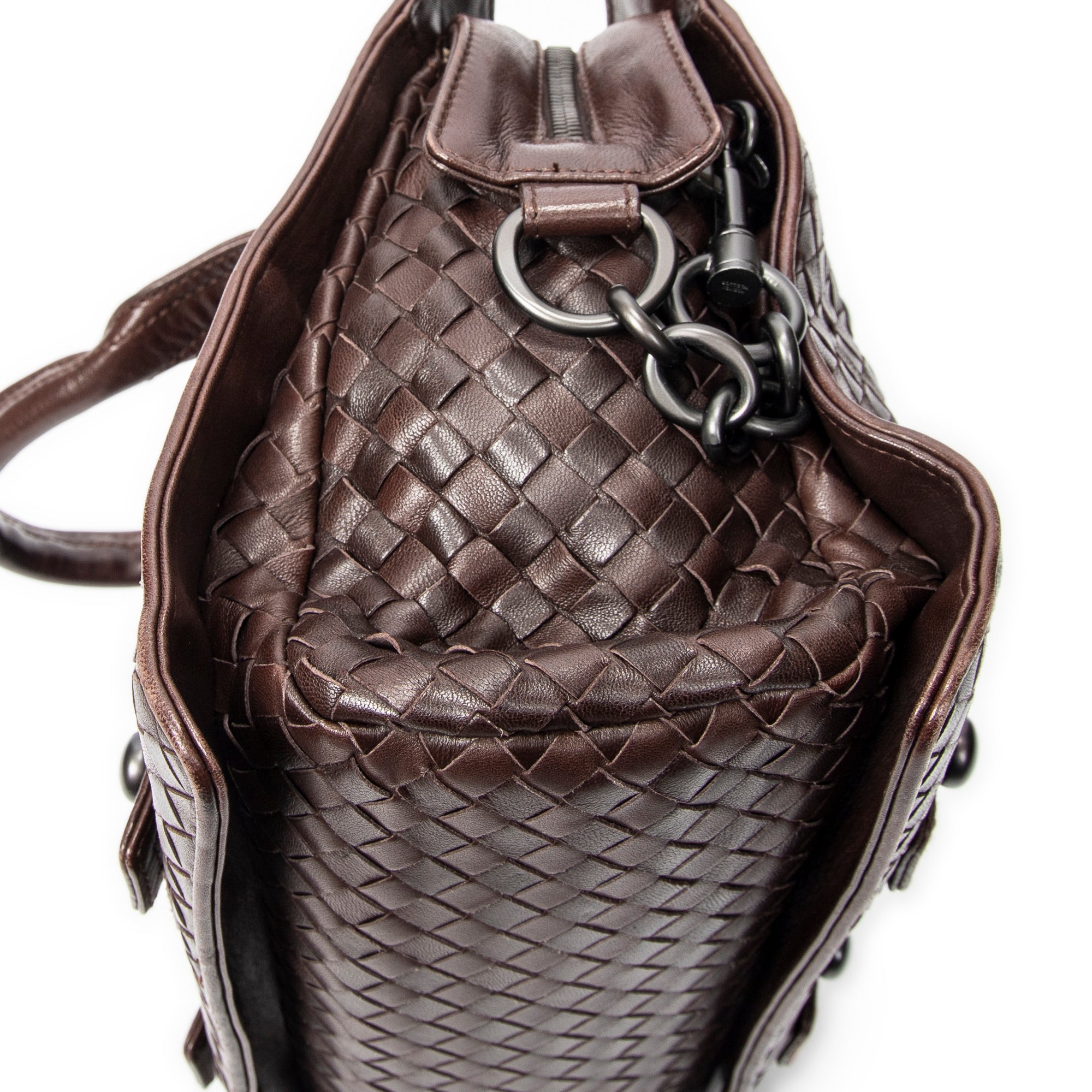 Handbag Top Handle Satchel Brown Intrecciato Leather