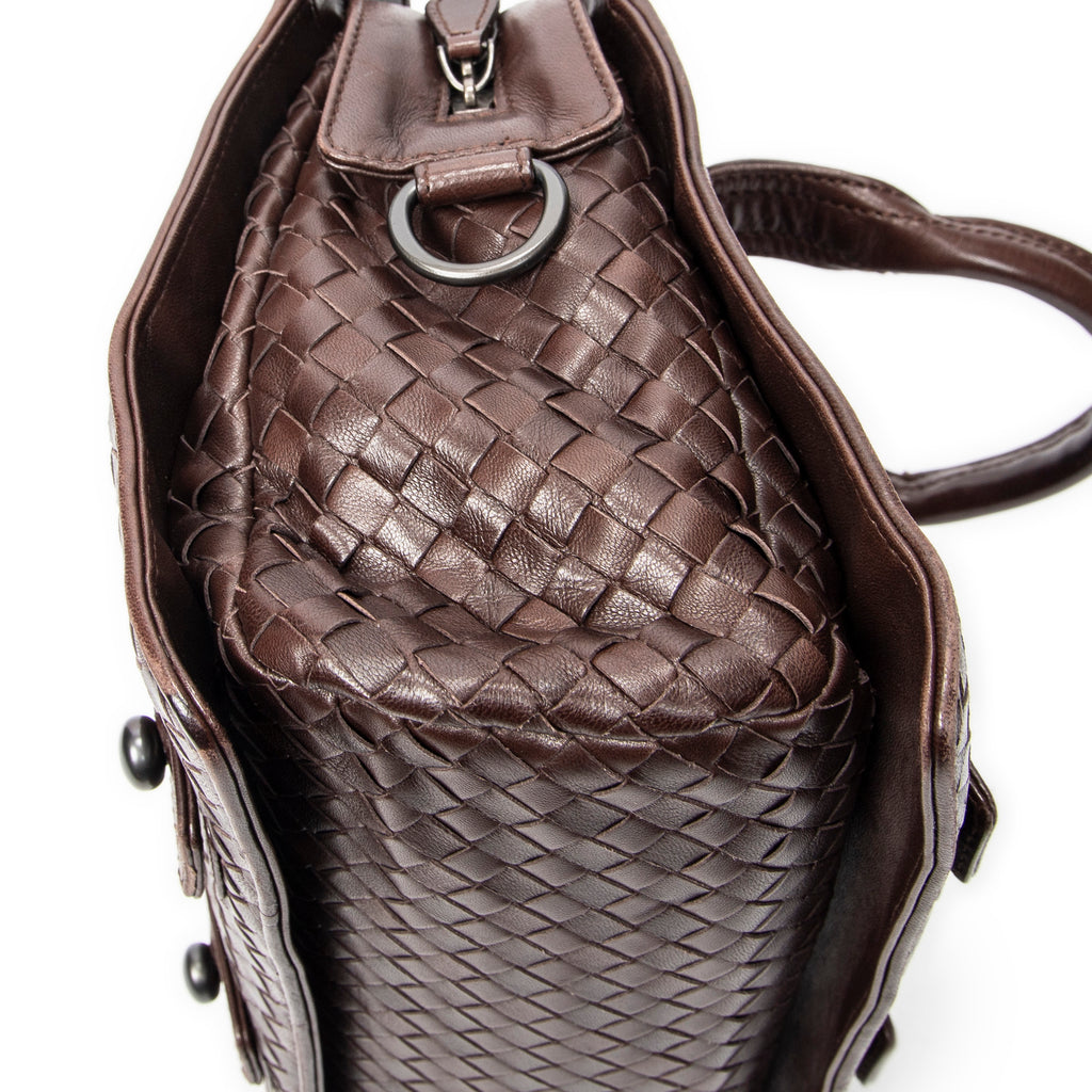 Handbag Top Handle Satchel Brown Intrecciato Leather