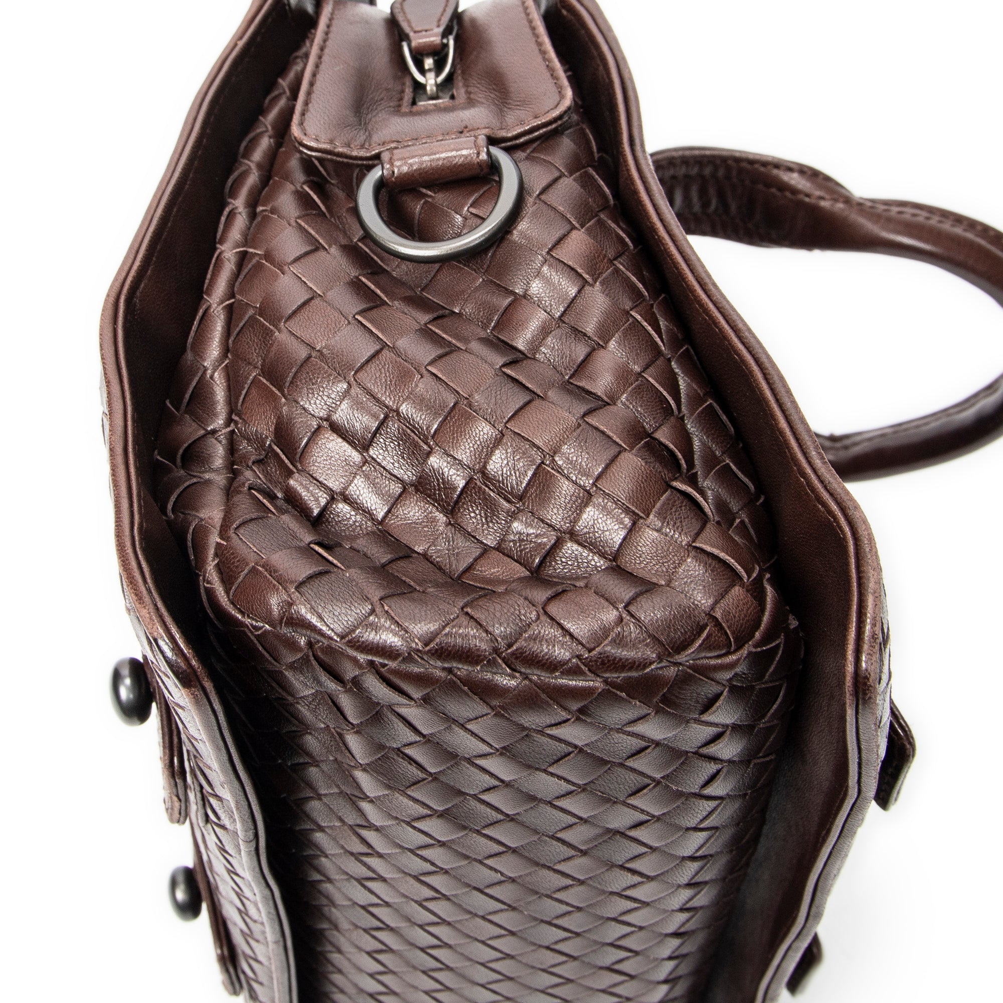 Handbag Top Handle Satchel Brown Intrecciato Leather