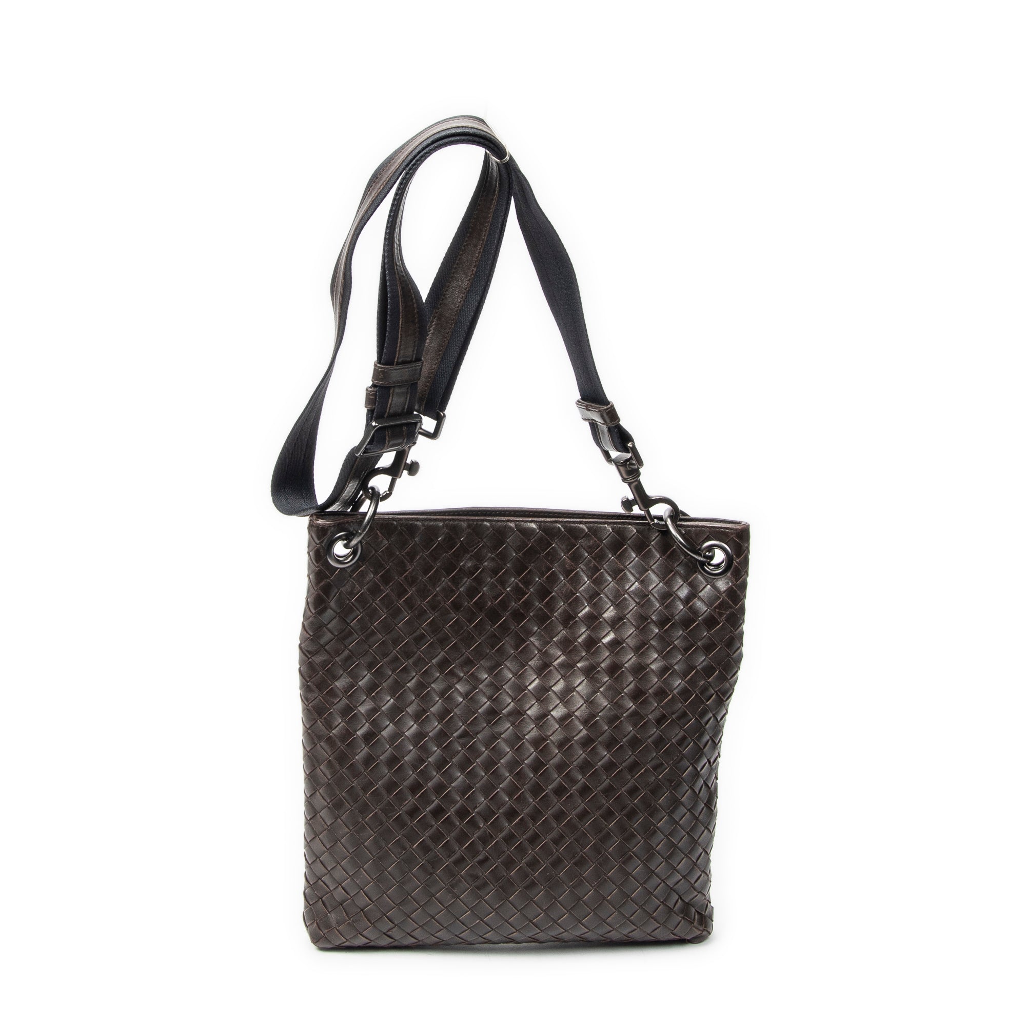 Shoulder Bag Square Flat Messenger Dark Brown Intrecciato Leather