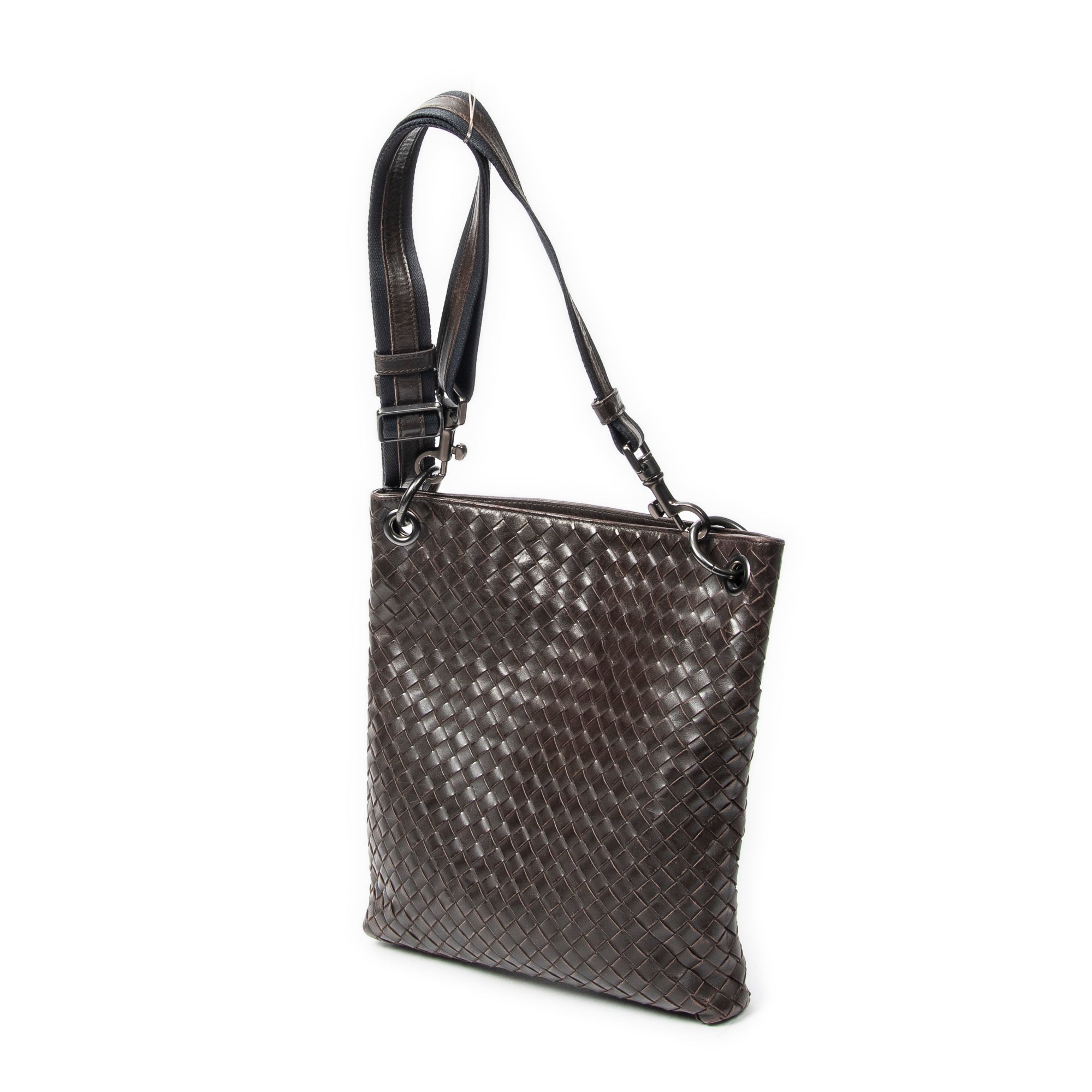 Shoulder Bag Square Flat Messenger Dark Brown Intrecciato Leather