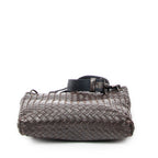 Bolso de Hombro Mensajero Plano Cuadrado de Cuero Intrecciato Marrón Oscuro