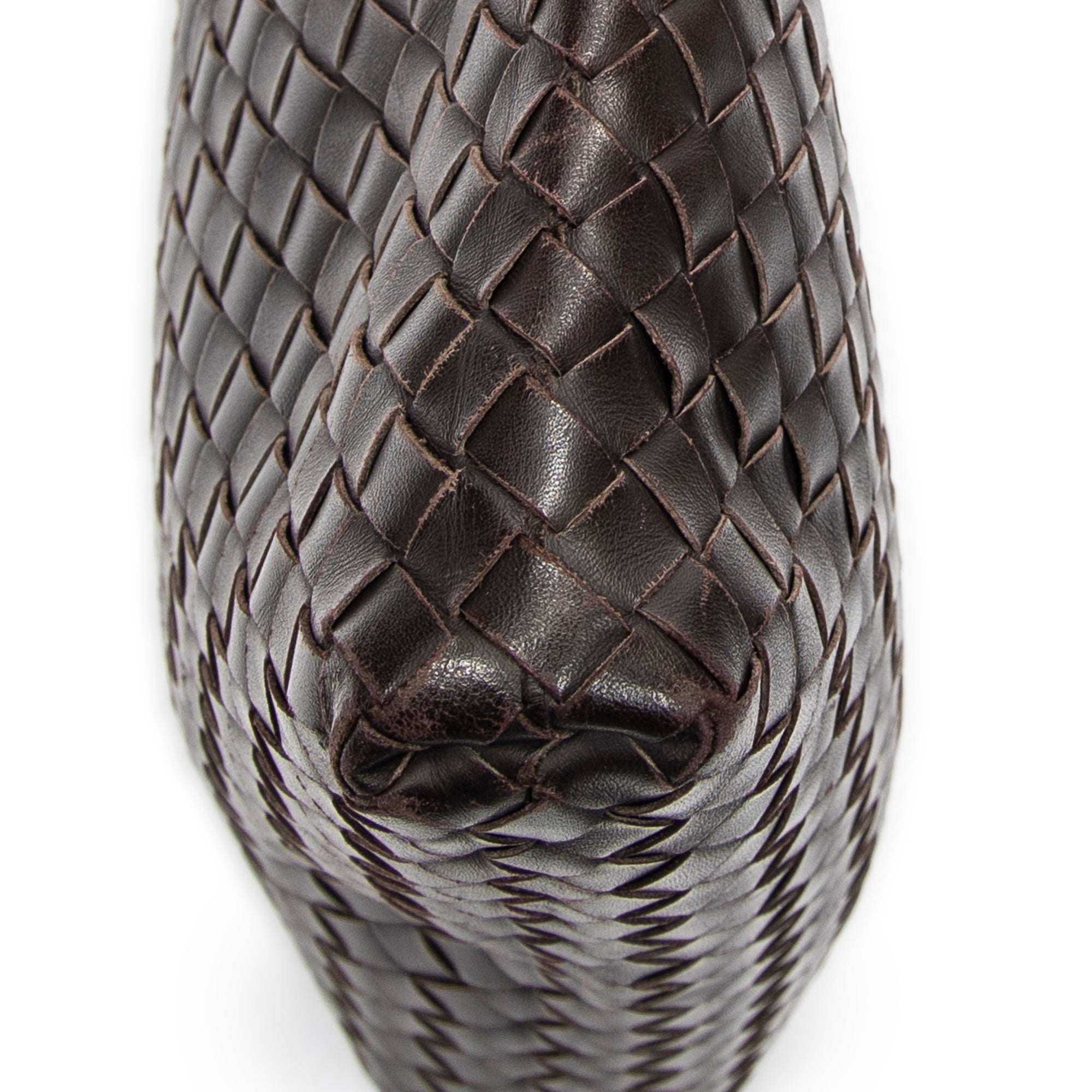 Bolso de Hombro Mensajero Plano Cuadrado de Cuero Intrecciato Marrón Oscuro