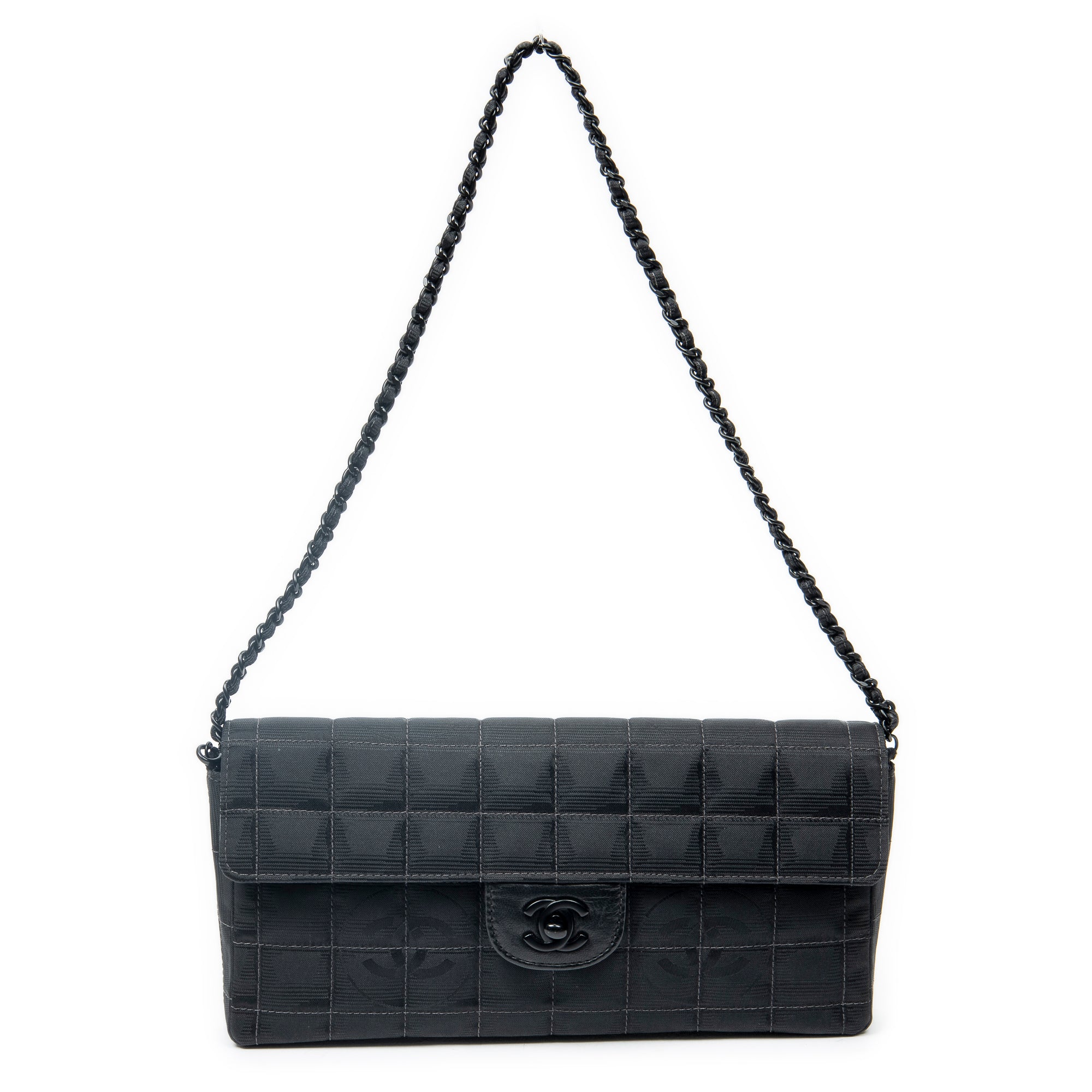 Shoulder Bag East West Chocobar Chain Flap Black Travel Line Nylon Canvas