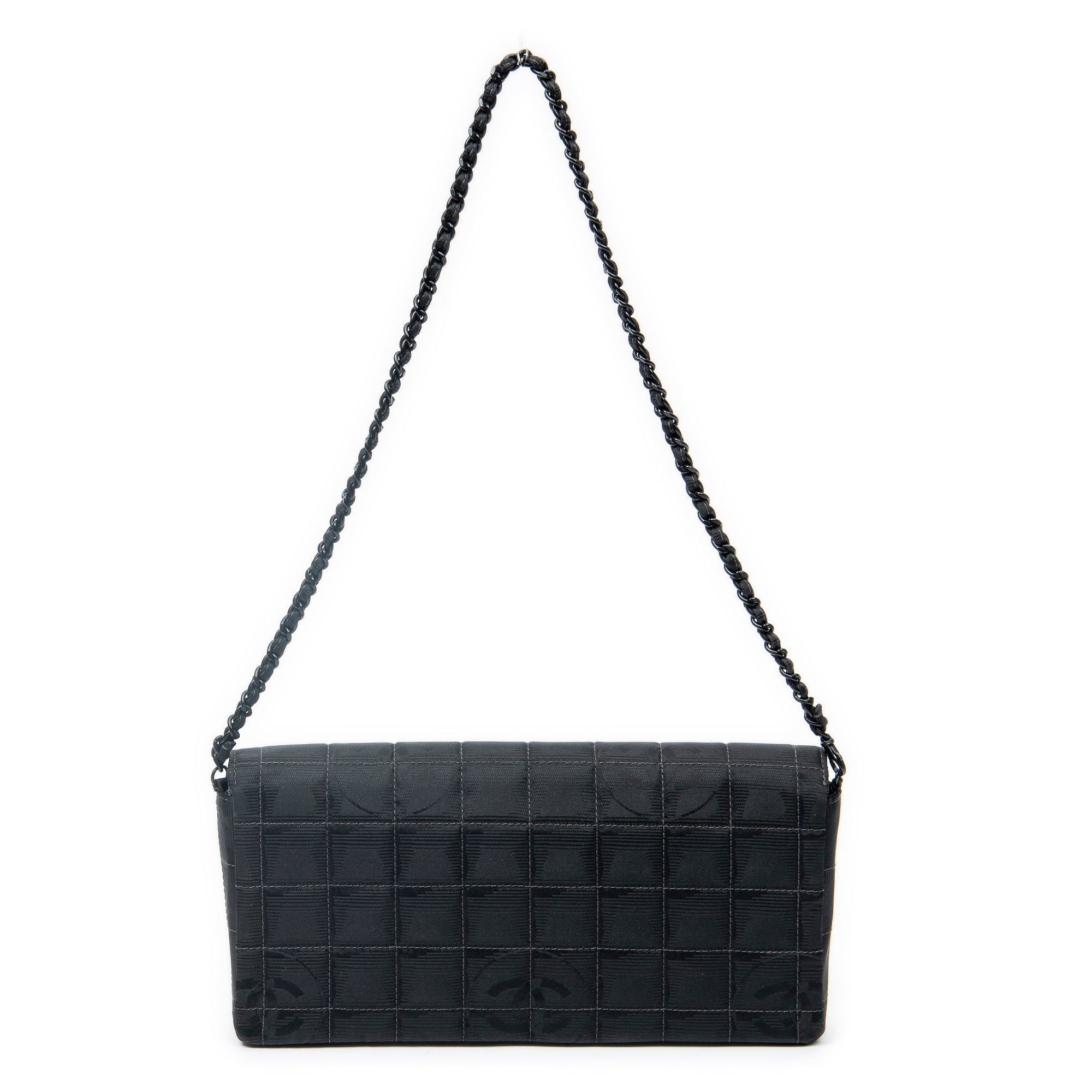 Shoulder Bag East West Chocobar Chain Flap Black Travel Line Nylon Canvas