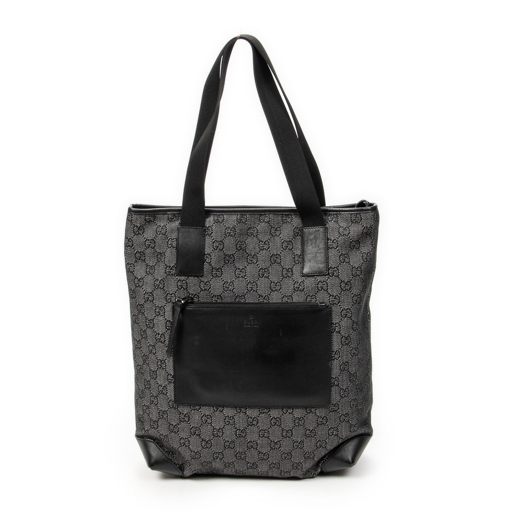 Shoulder Bag Vertical Zip Tote Black Monogrammed Denim Canvas