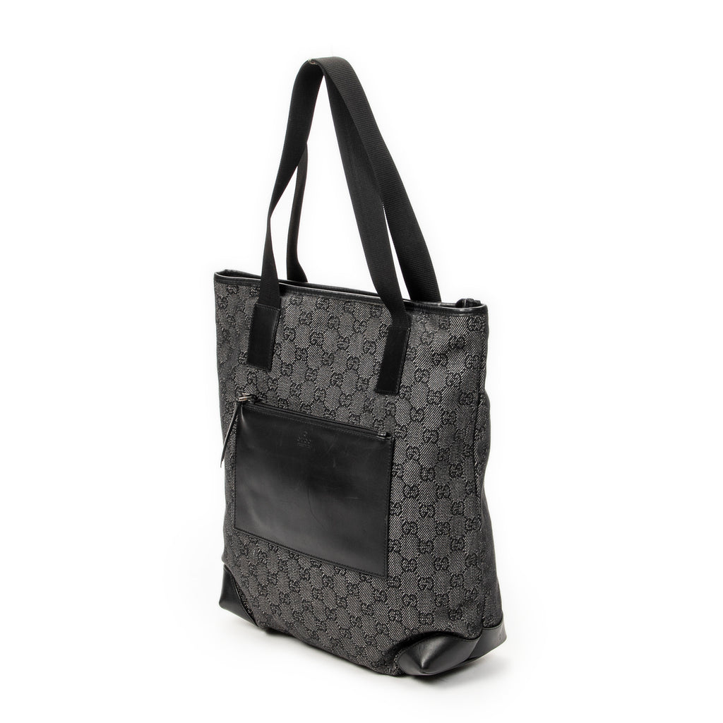 Shoulder Bag Vertical Zip Tote Black Monogrammed Denim Canvas