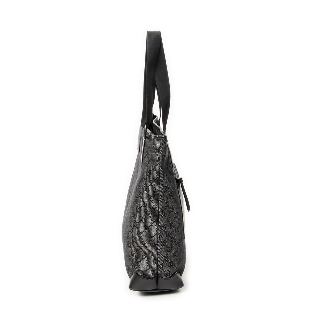 Shoulder Bag Vertical Zip Tote Black Monogrammed Denim Canvas