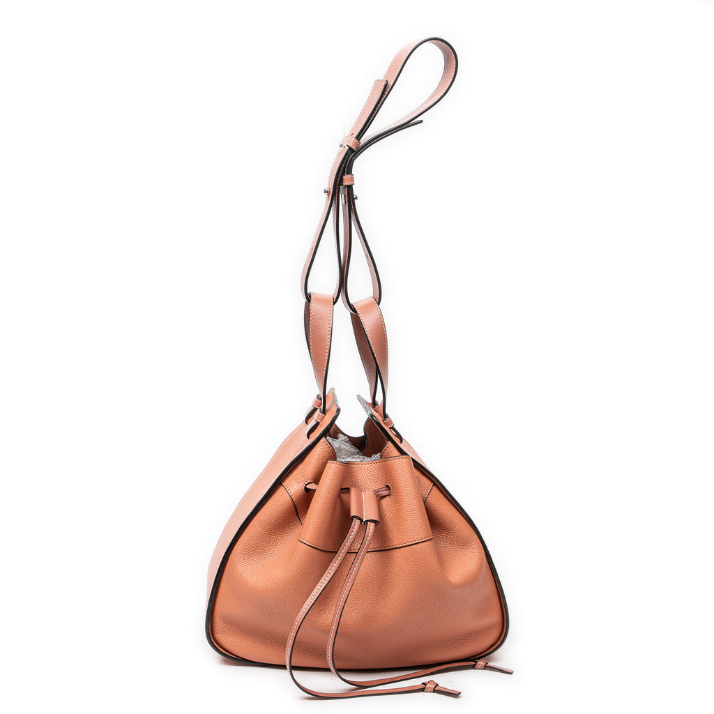 Shoulder Bag Small Drawstring Hammock Salmon Pink Grained Calfskin Leather