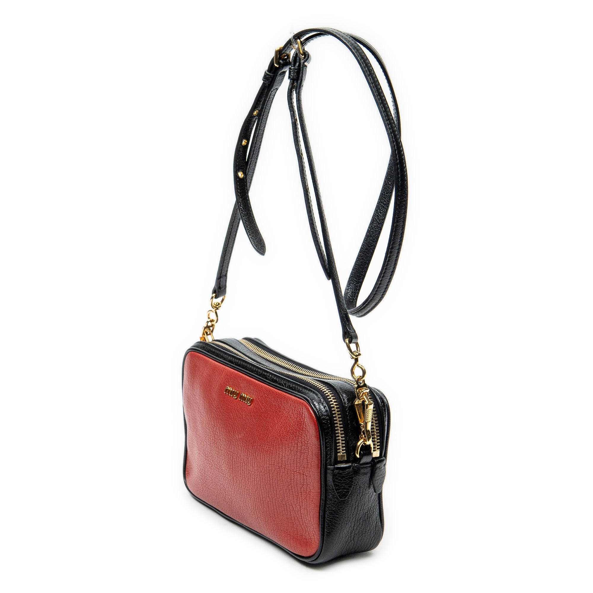 Shoulder Bag Double Zip Camera Crossbody Red Goatskin Leather