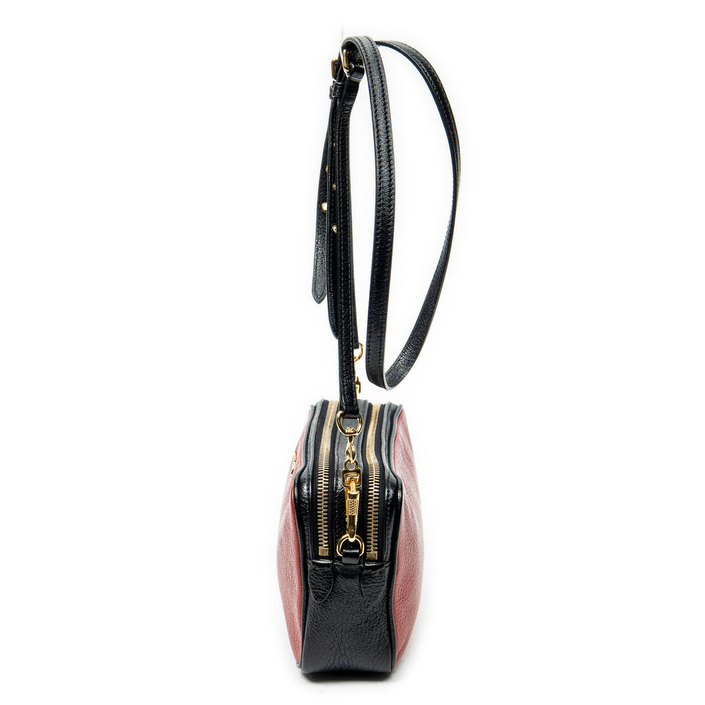 Shoulder Bag Double Zip Camera Crossbody Red Goatskin Leather