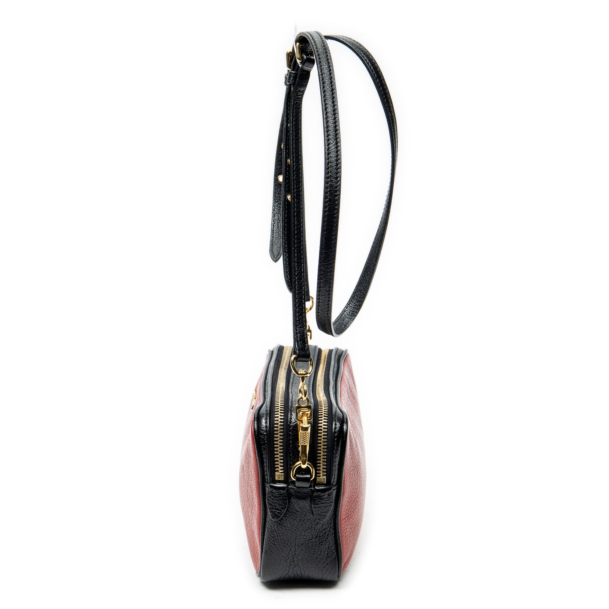 Shoulder Bag Double Zip Camera Crossbody Red Goatskin Leather