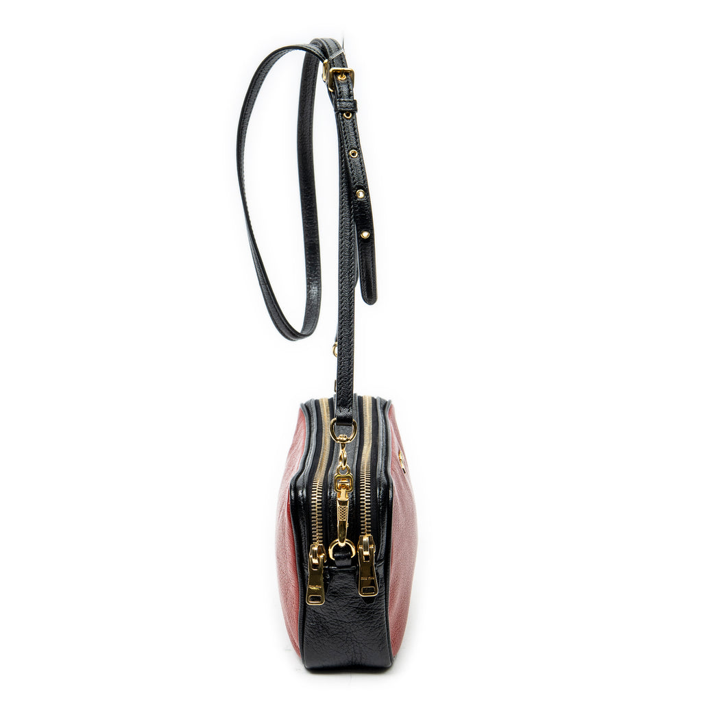 Shoulder Bag Double Zip Camera Crossbody Red Goatskin Leather