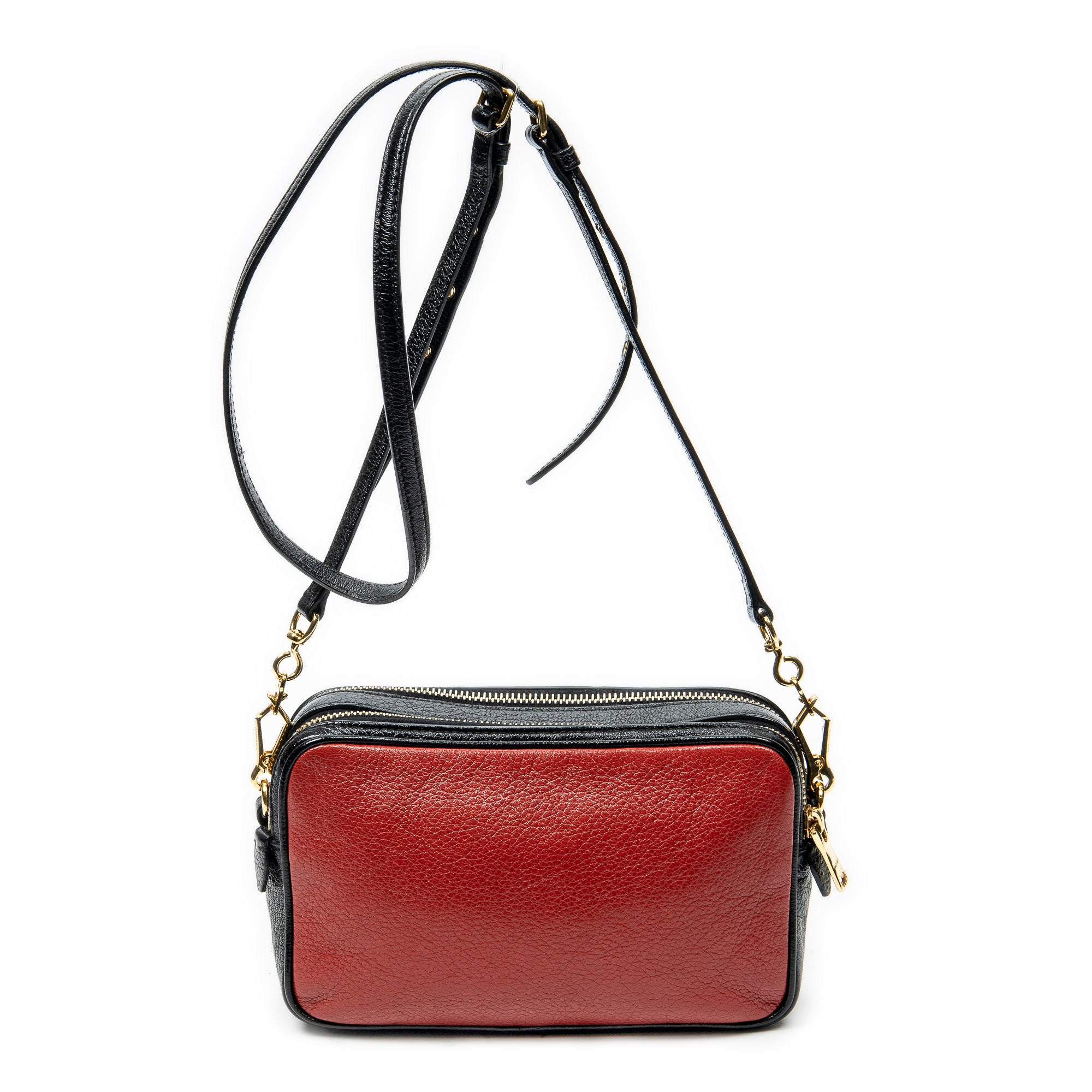 Shoulder Bag Double Zip Camera Crossbody Red Goatskin Leather