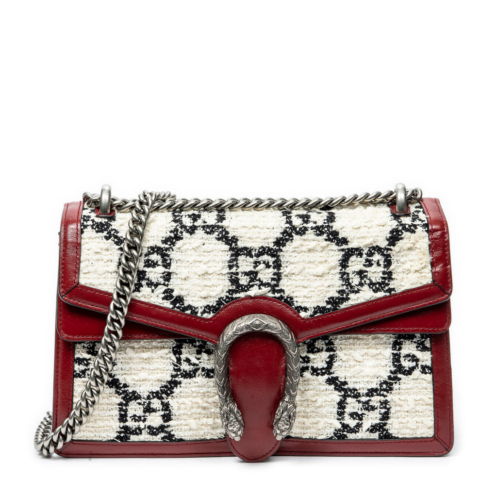 Bolso de hombro pequeño Dionysus con cadena, bandolera, lona GG de tweed color marfil