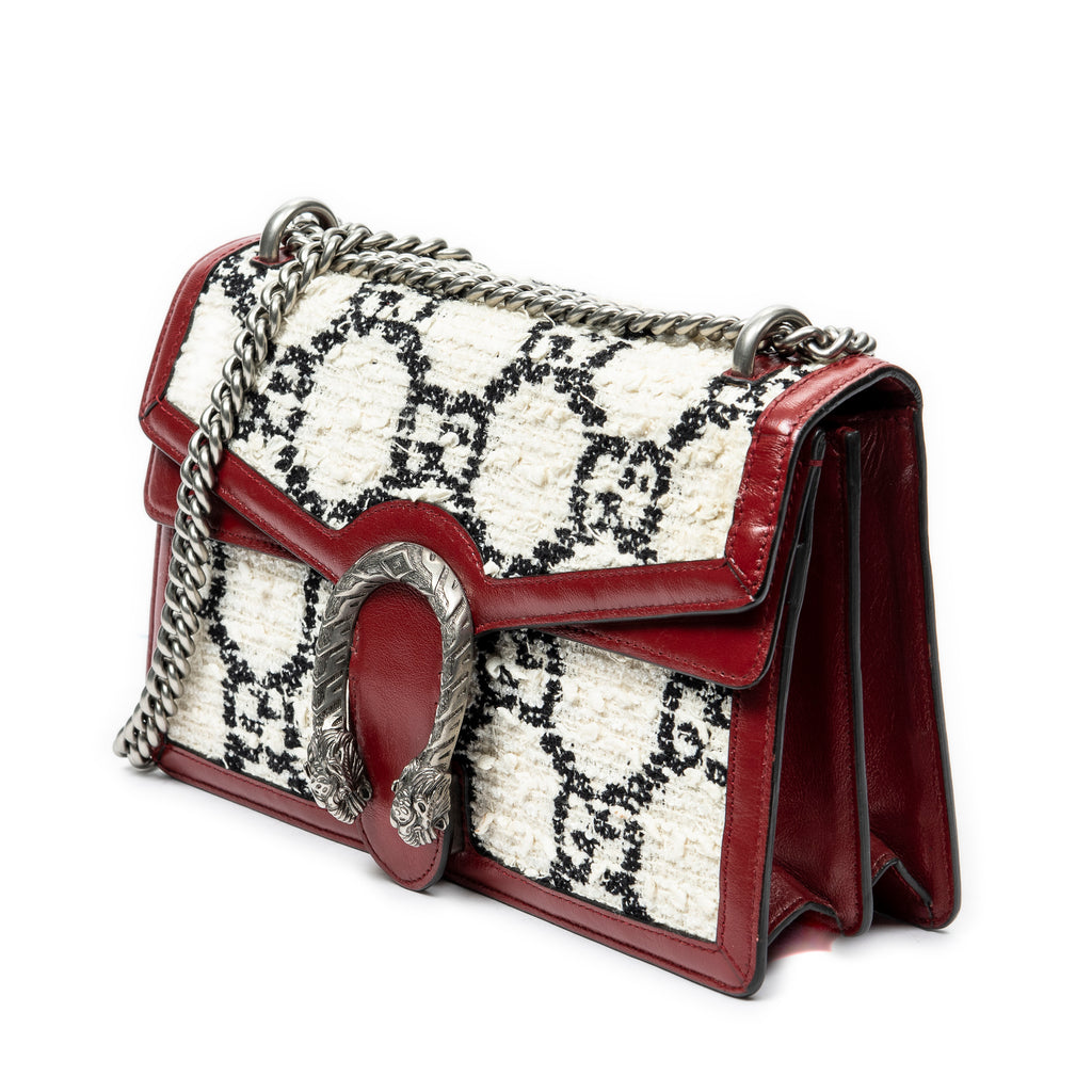 Bolso de hombro pequeño Dionysus con cadena, bandolera, lona GG de tweed color marfil