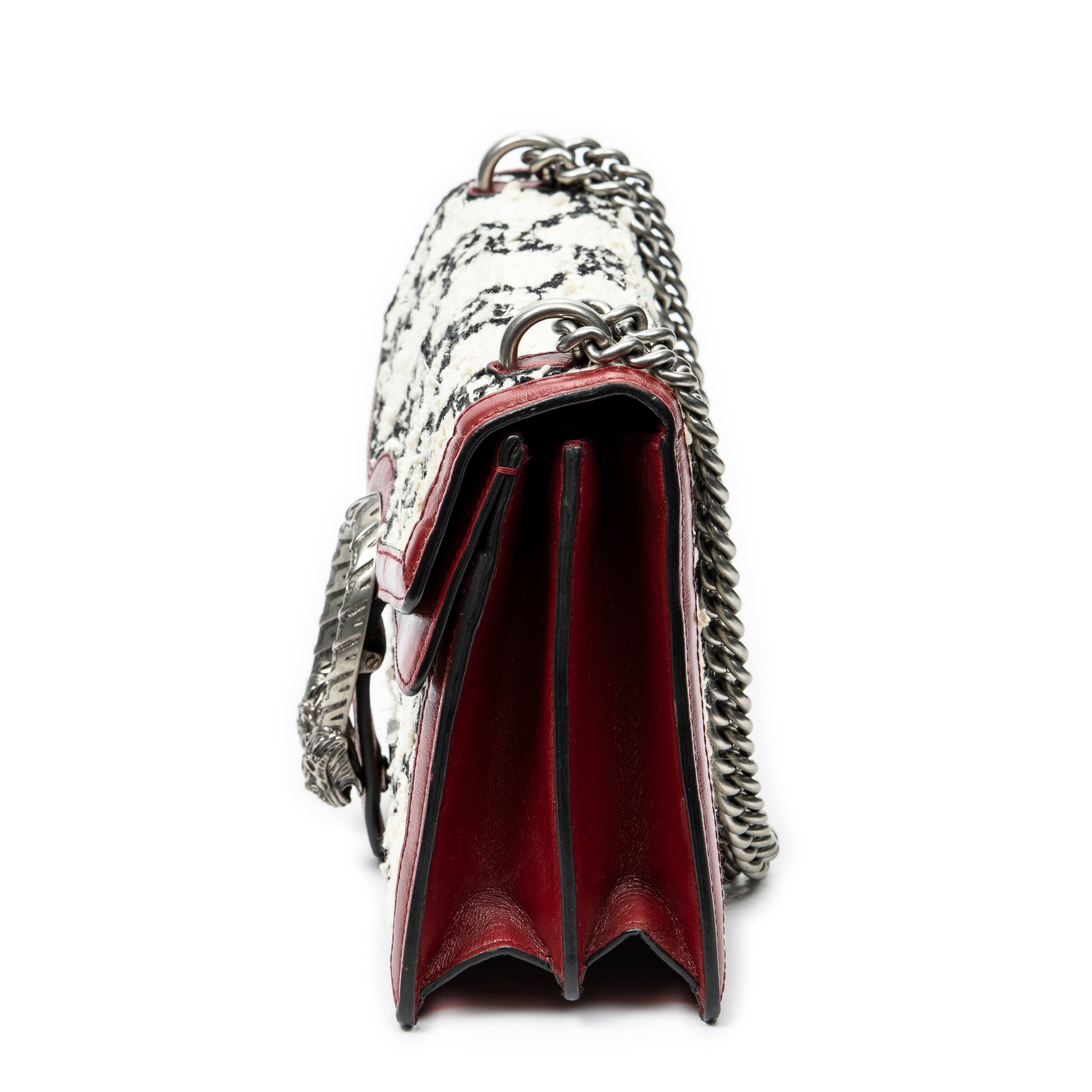 Bolso de hombro pequeño Dionysus con cadena, bandolera, lona GG de tweed color marfil