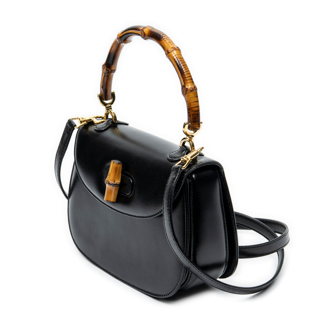 Shoulder Bag Small Bamboo Top Handle Black Smooth Calfskin Leather