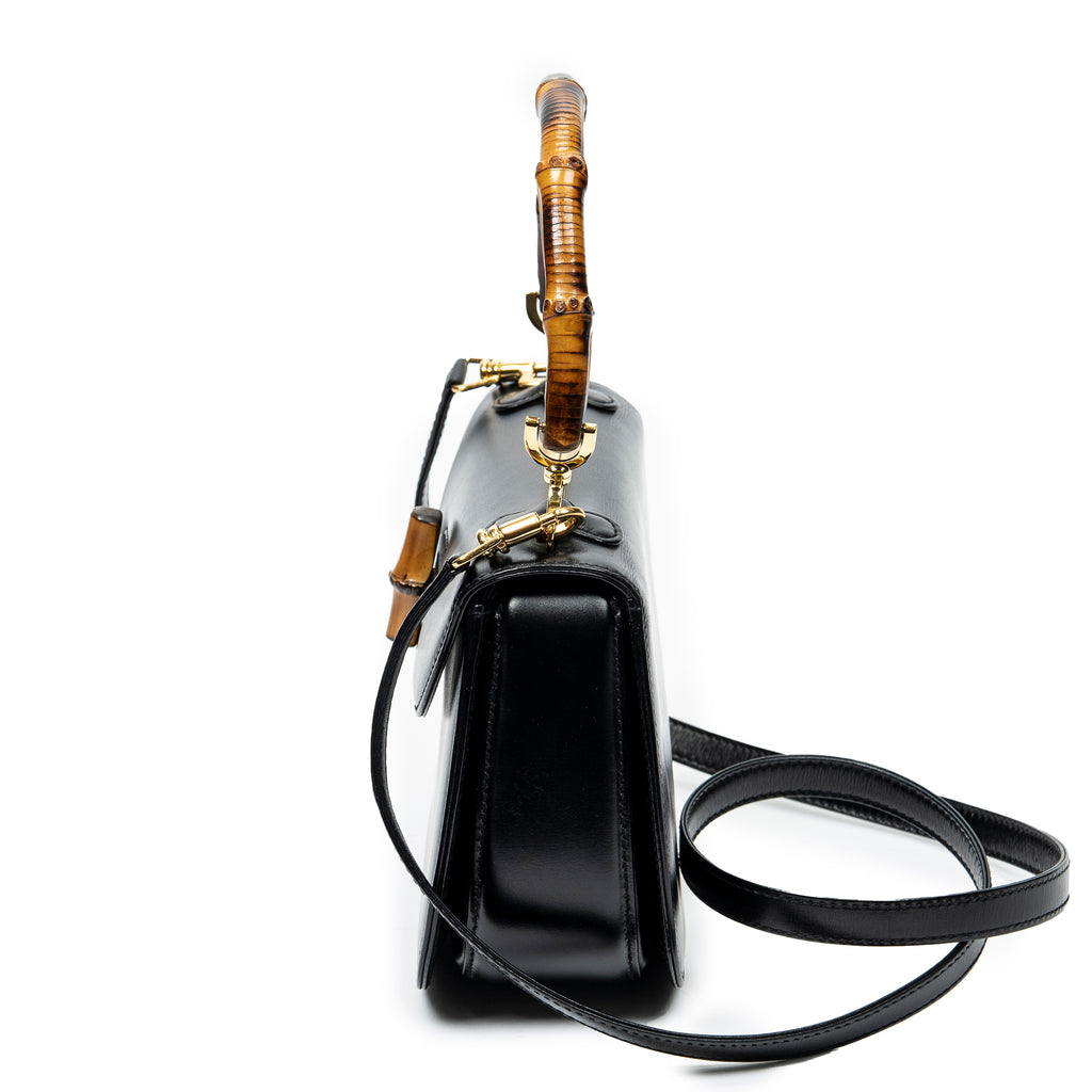 Shoulder Bag Small Bamboo Top Handle Black Smooth Calfskin Leather