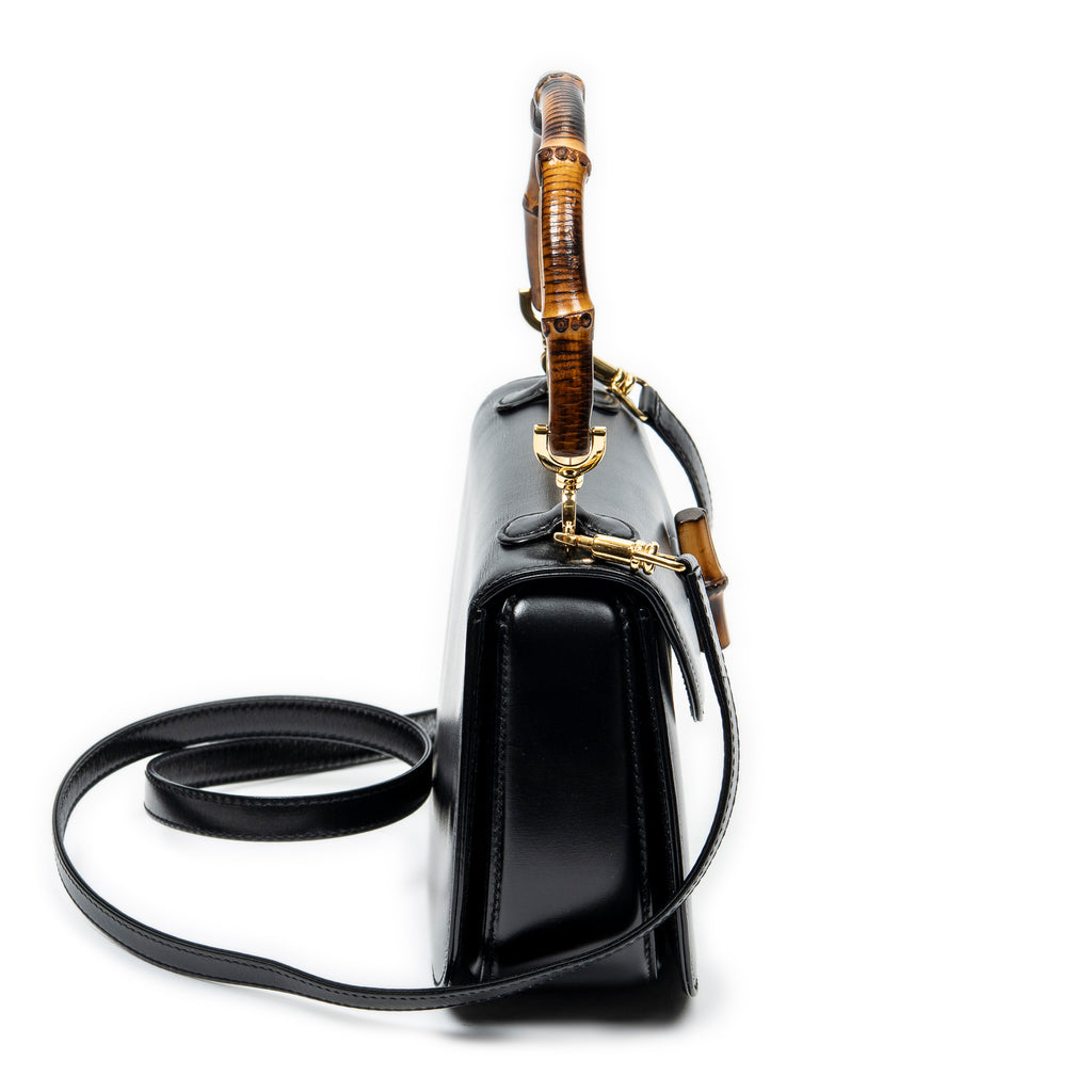 Shoulder Bag Small Bamboo Top Handle Black Smooth Calfskin Leather