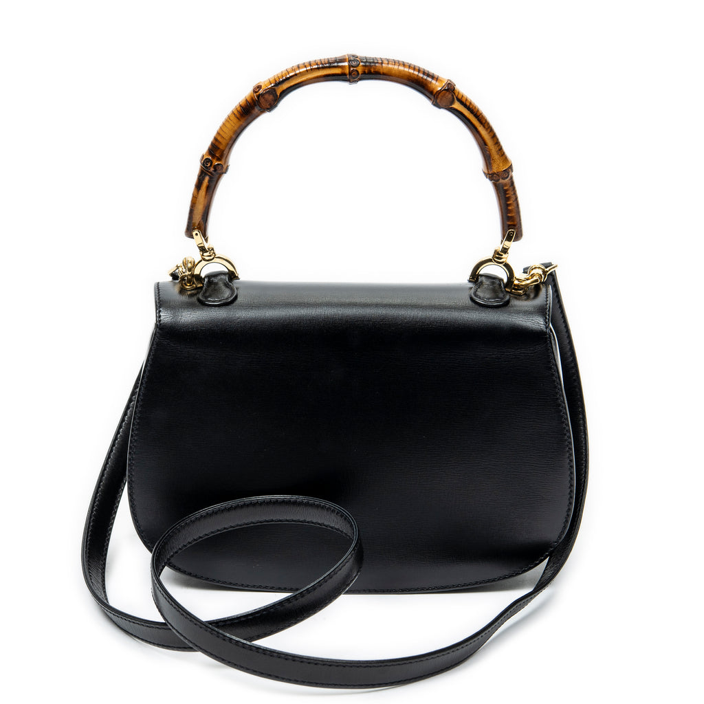 Shoulder Bag Small Bamboo Top Handle Black Smooth Calfskin Leather