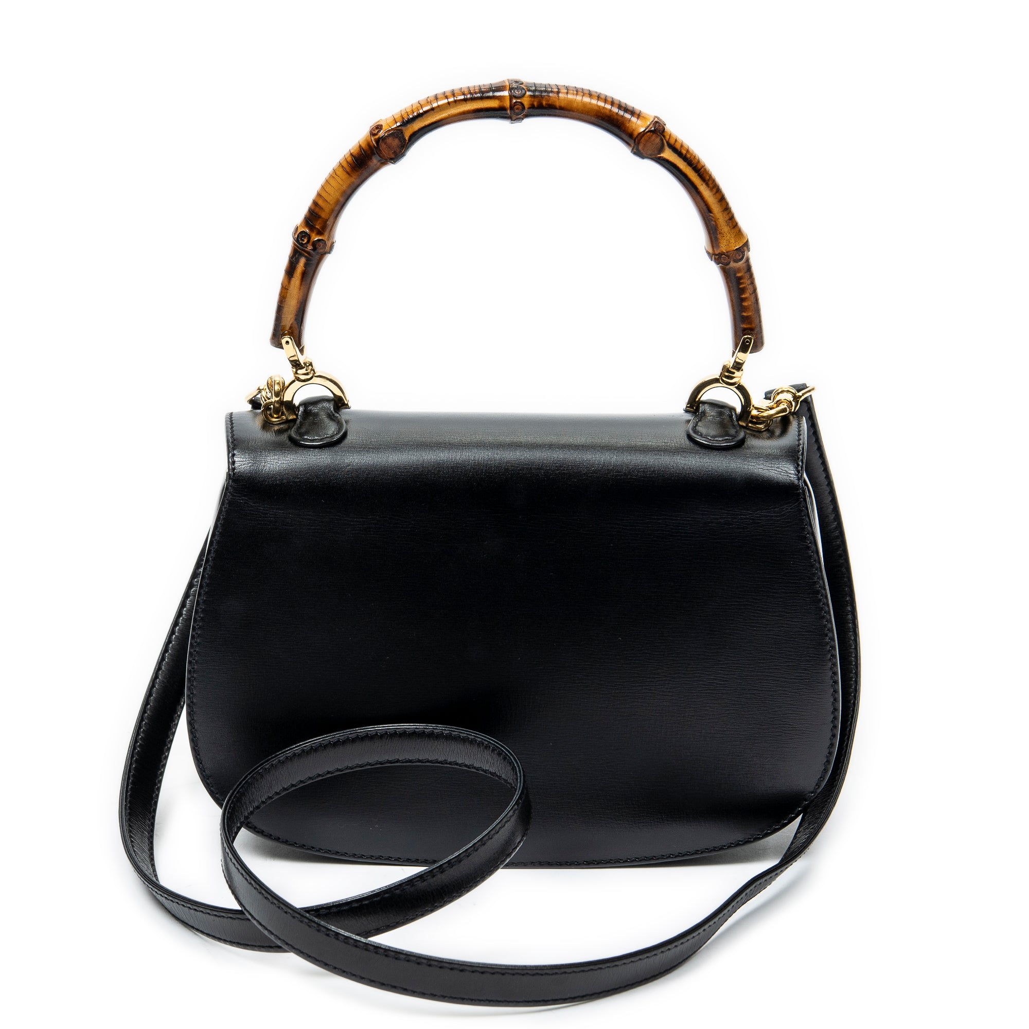 Shoulder Bag Small Bamboo Top Handle Black Smooth Calfskin Leather