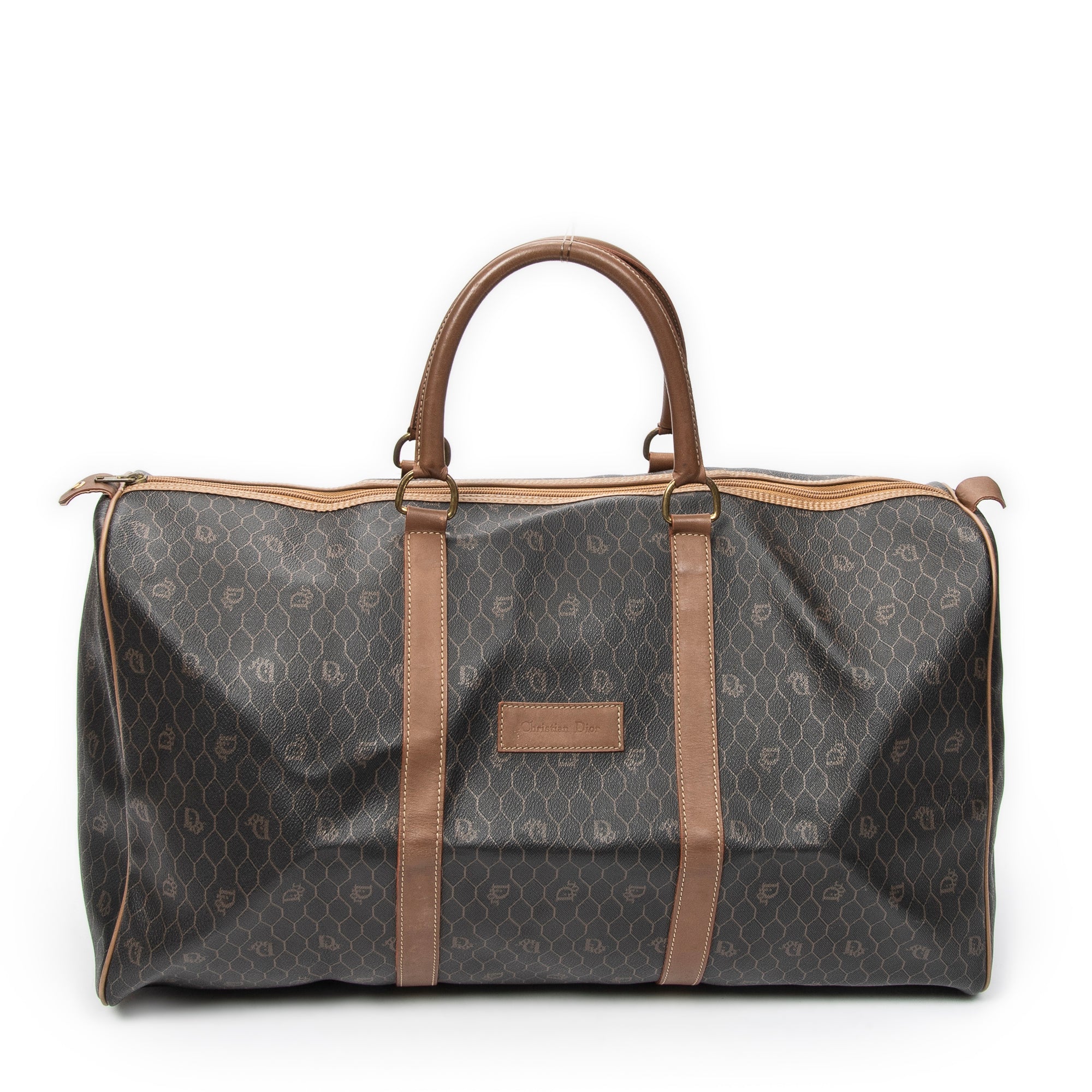 Bolsa de viaje grande Boston vintage de lona recubierta con estampado de panal, color marrón miel