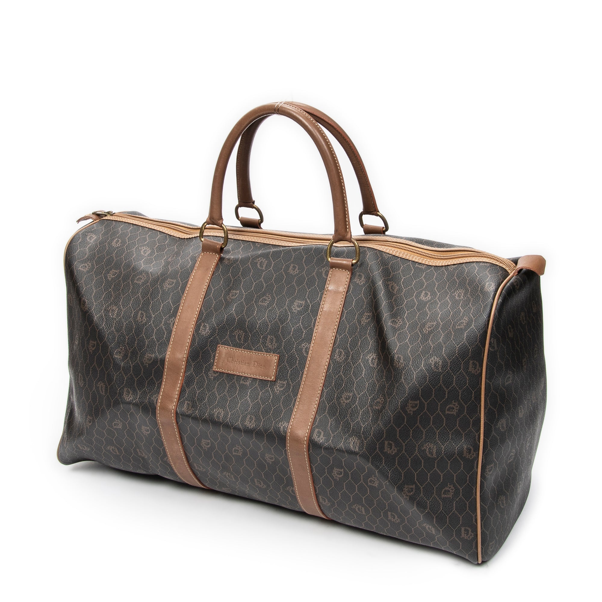 Bolsa de viaje grande Boston vintage de lona recubierta con estampado de panal, color marrón miel