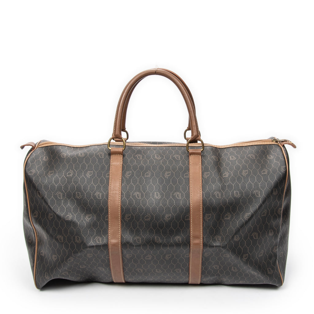 Bolsa de viaje grande Boston vintage de lona recubierta con estampado de panal, color marrón miel