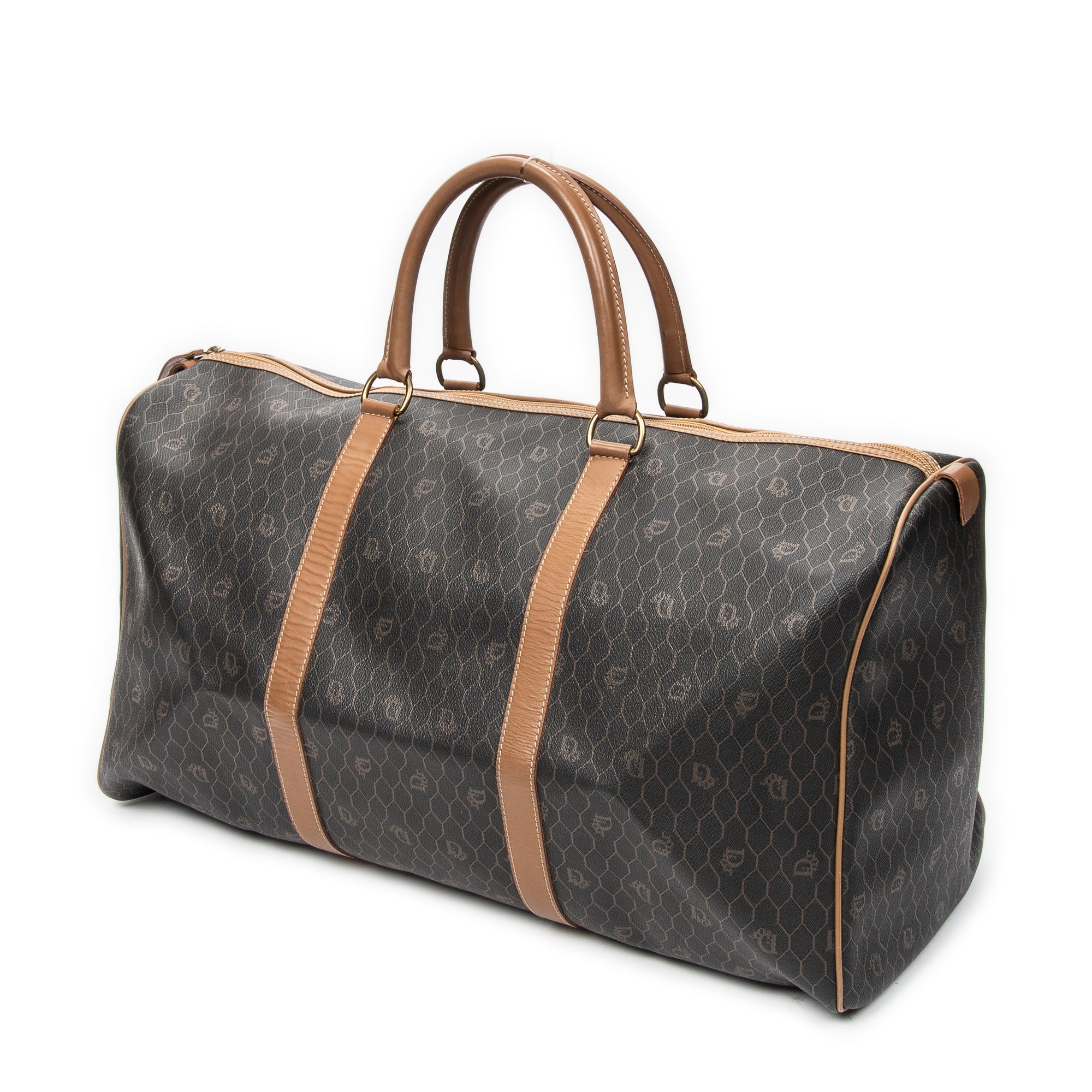 Travel Bag Large Vintage Travel Boston Brown Honeycomb Coated Canvas
