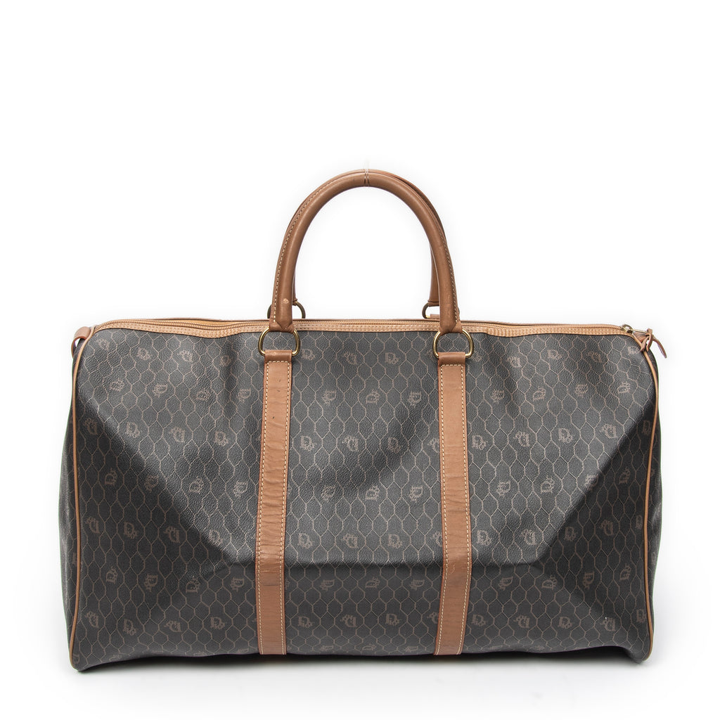 Bolsa de viaje grande Boston vintage Lona revestida de nido de abeja marrón