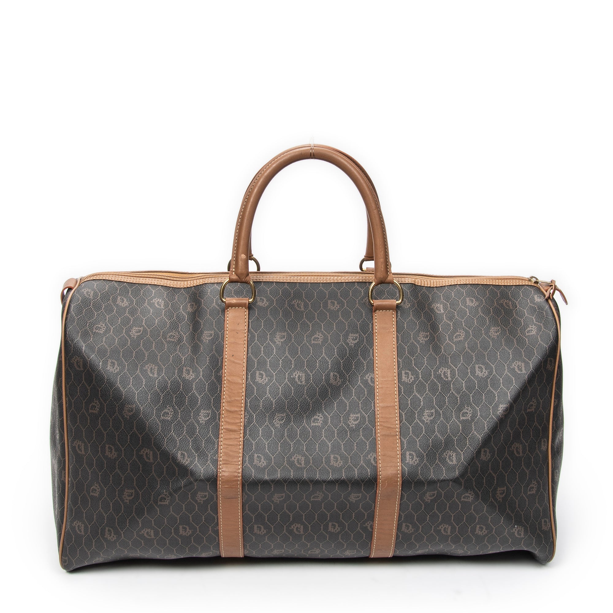 Bolsa de viaje grande Boston vintage Lona revestida de nido de abeja marrón