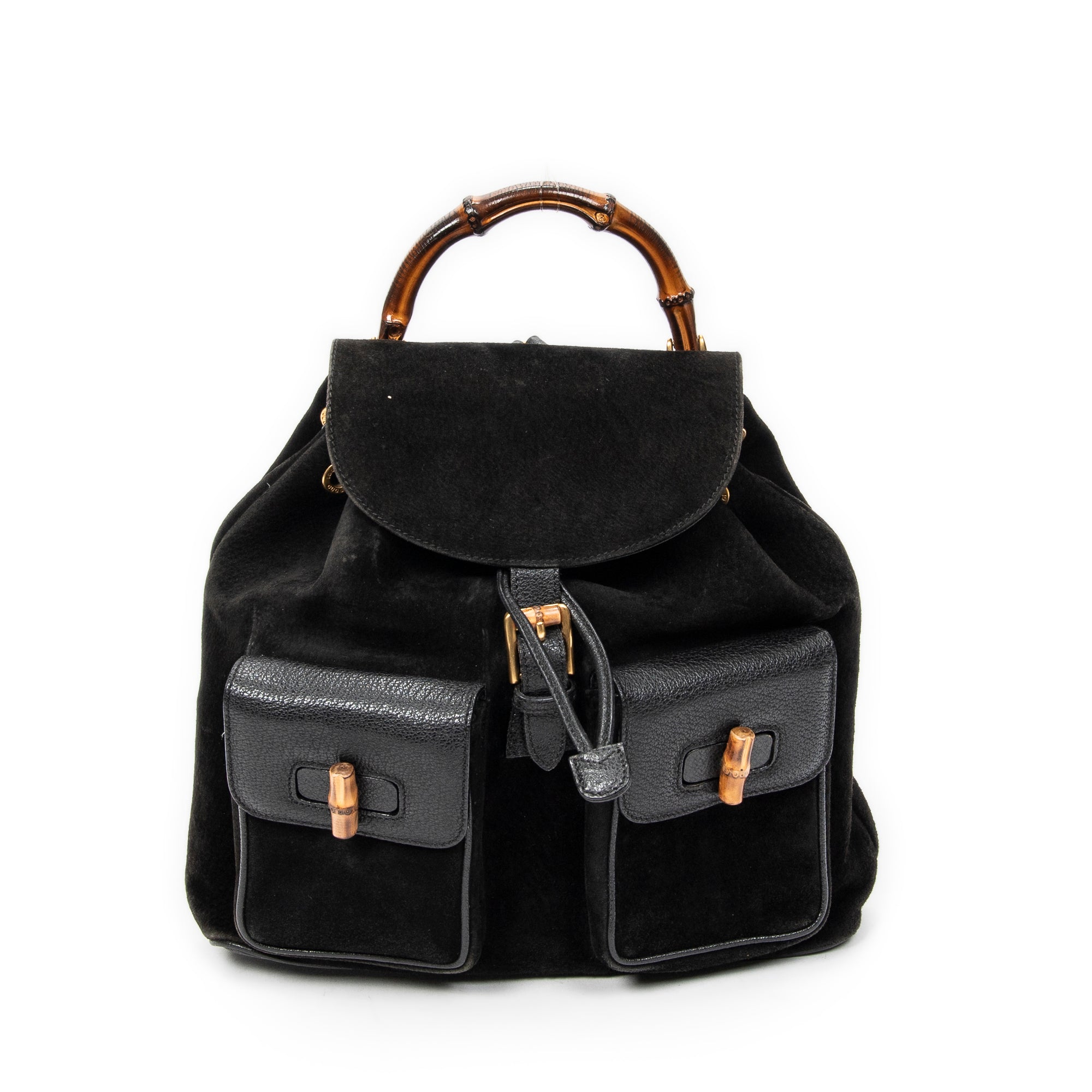 Mochila grande de bambú en piel de ante negra