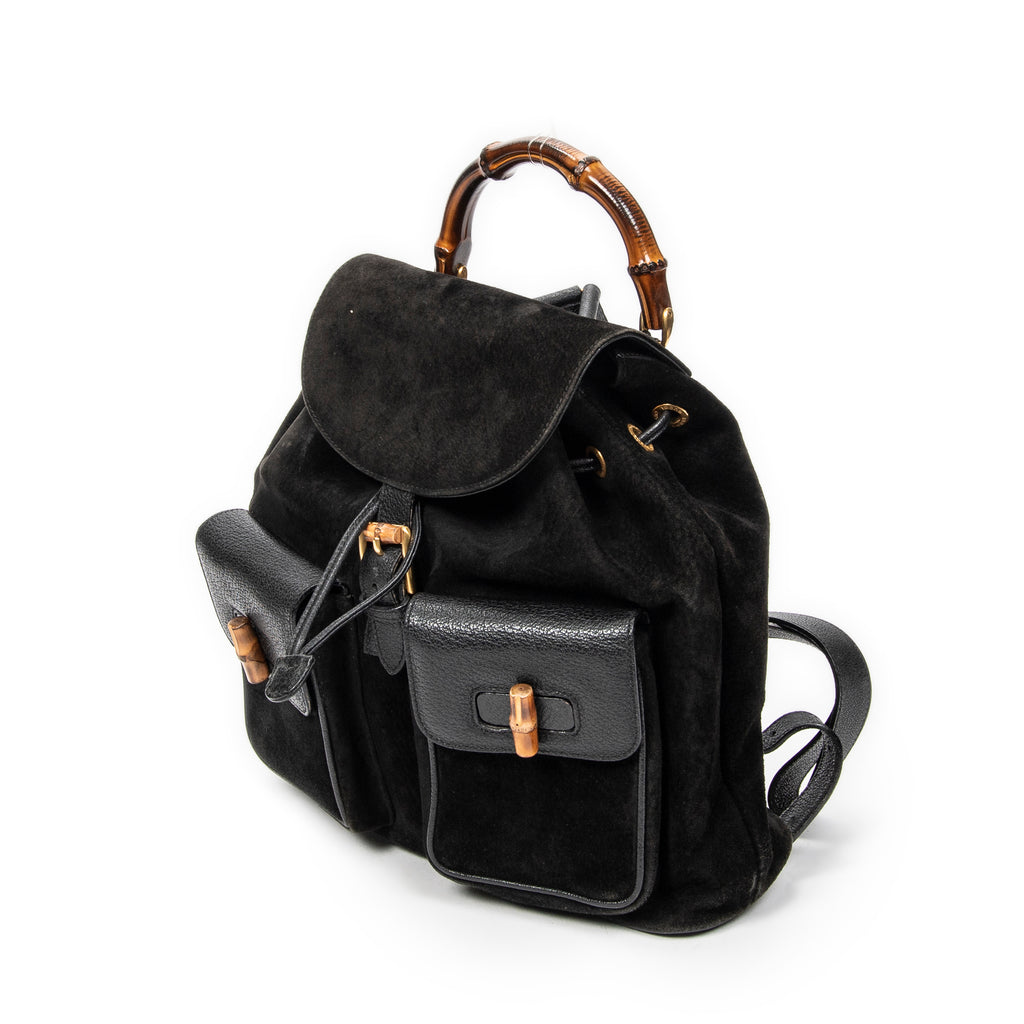 Mochila grande de bambú en piel de ante negra