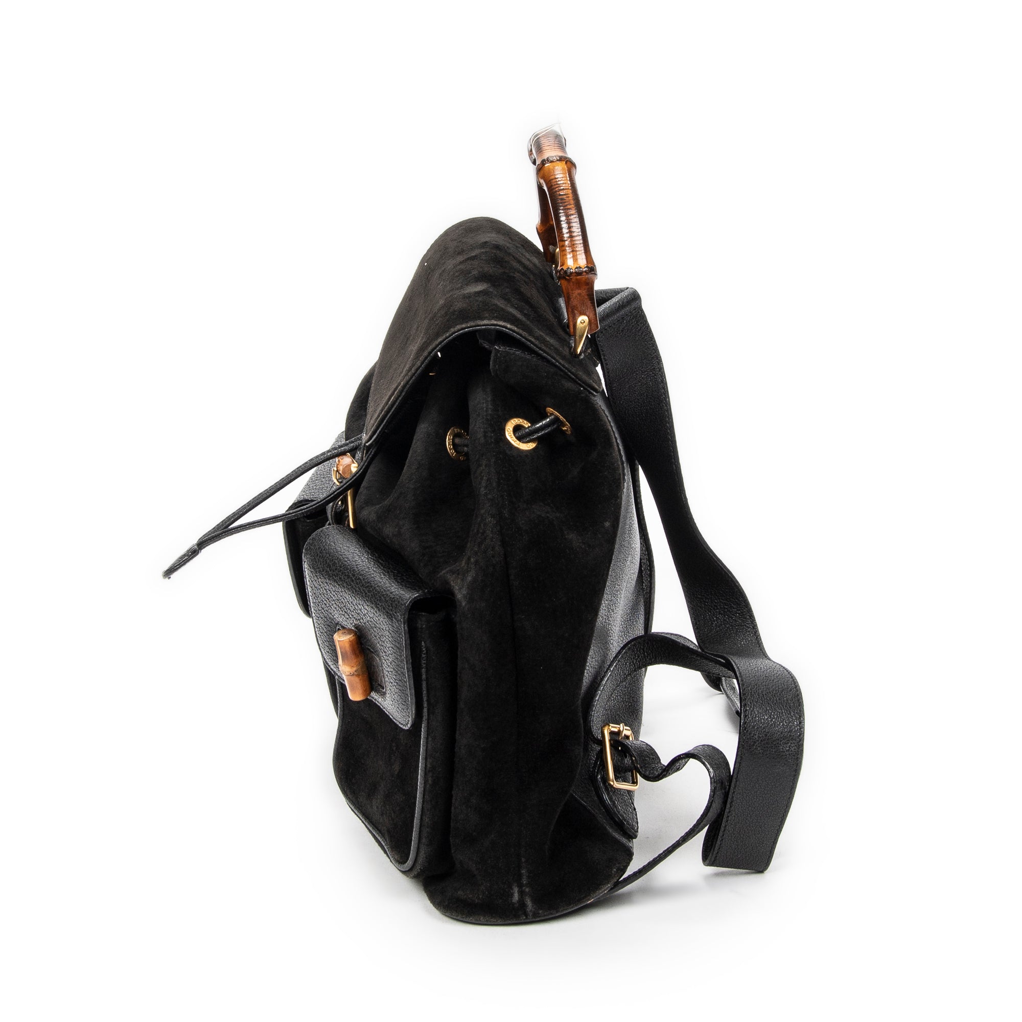Mochila grande de bambú en piel de ante negra