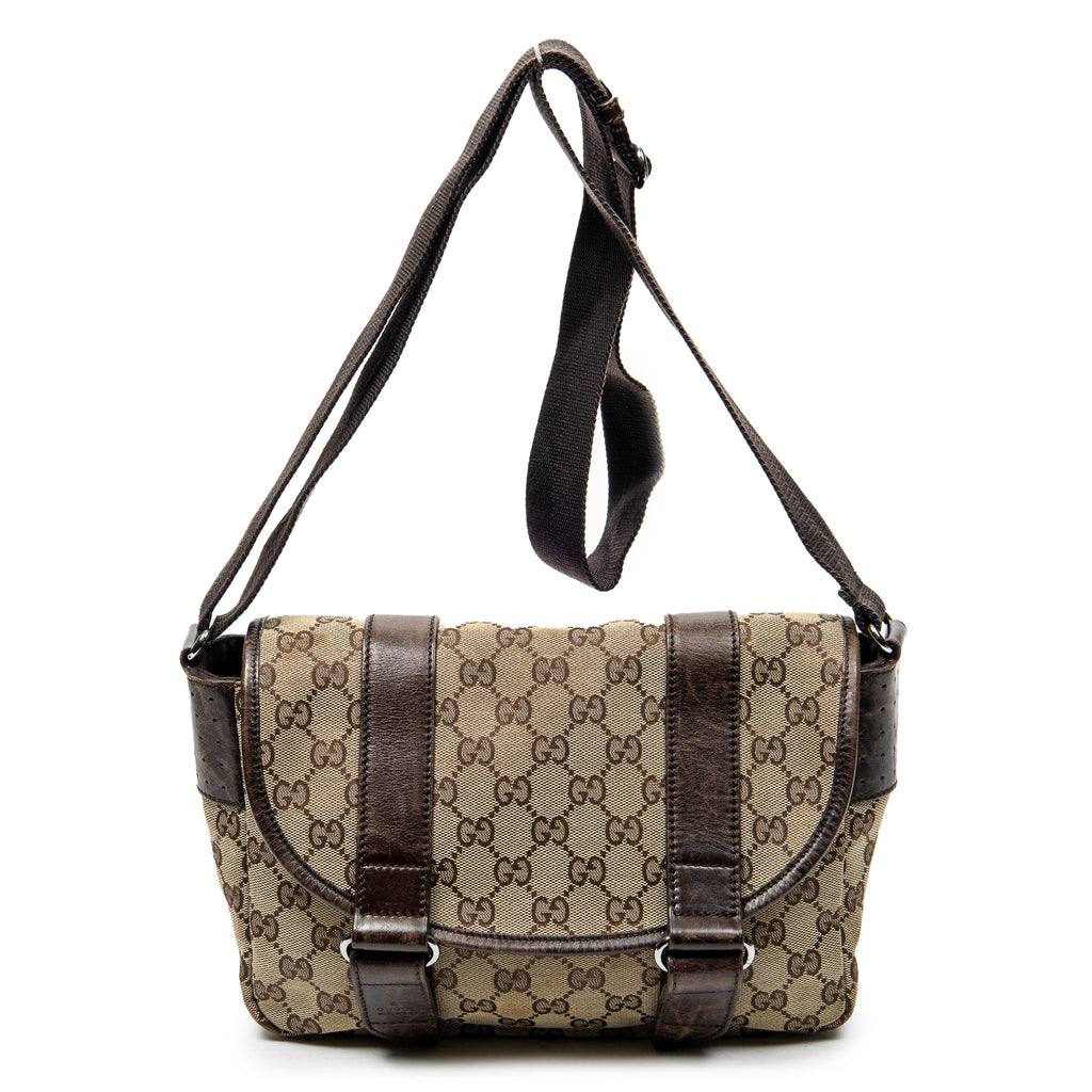 Shoulder Bag Double Buckle Flap Messenger Beige Monogrammed Canvas
