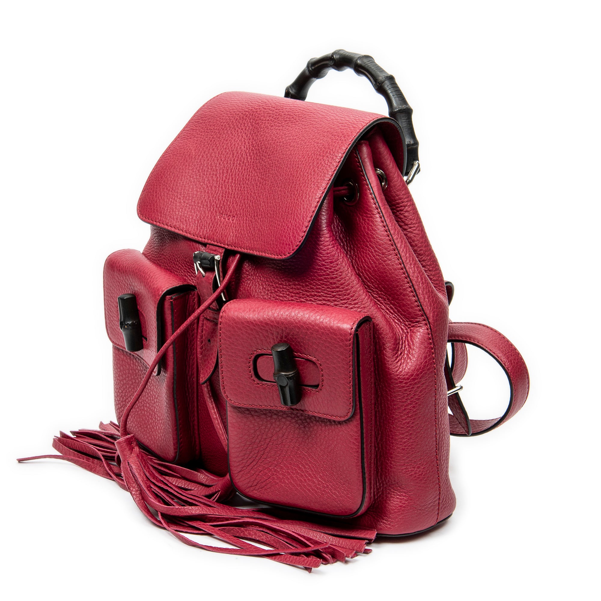 Backpack Medium Bamboo Tassel Backpack Raspberry Pink Grained Calfskin Leather