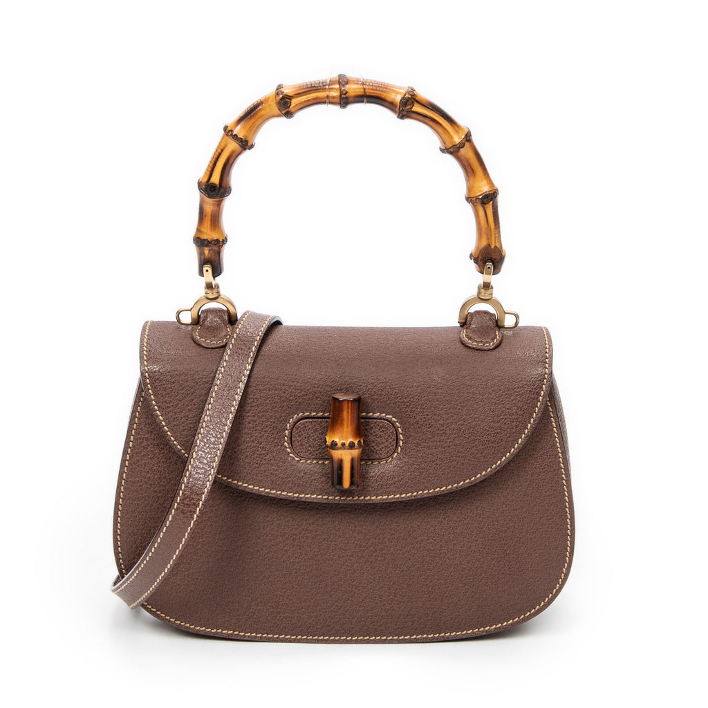 Shoulder Bag Small Bamboo Top Handle Flap Brown Calfskin Leather