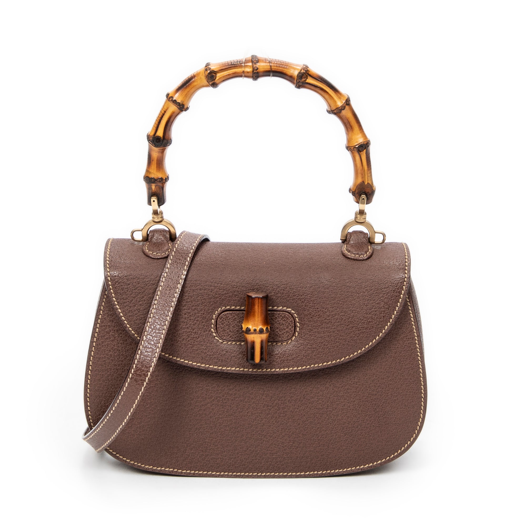 Shoulder Bag Small Bamboo Top Handle Flap Brown Calfskin Leather