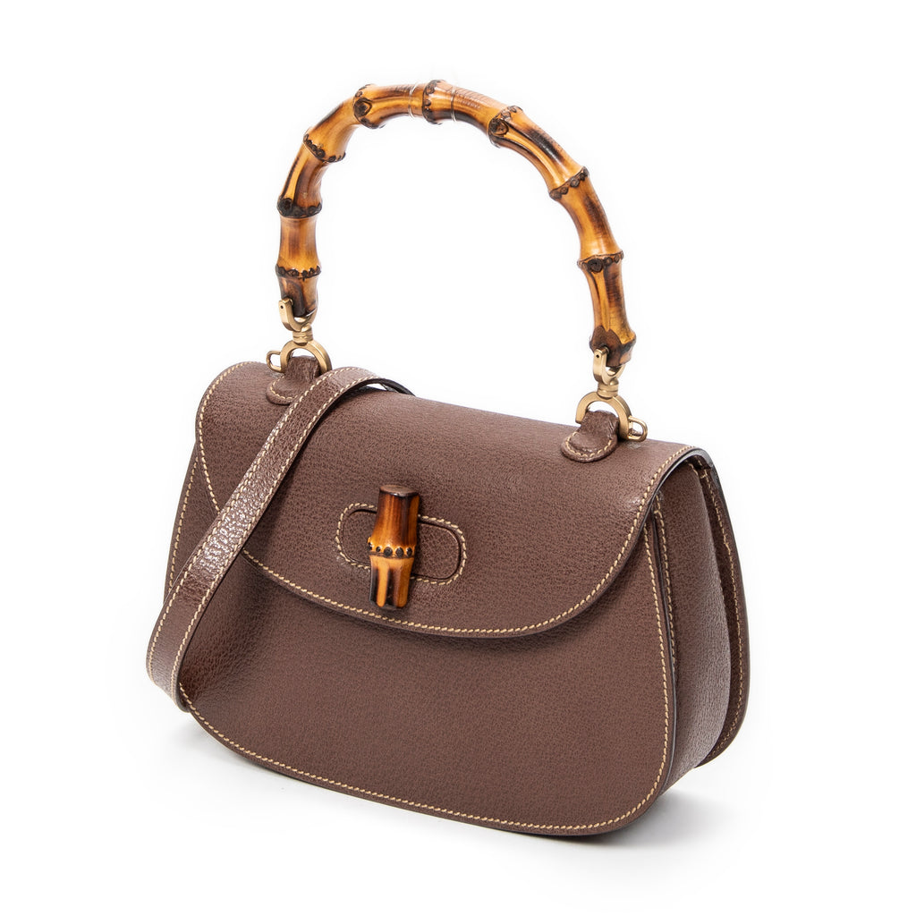 Shoulder Bag Small Bamboo Top Handle Flap Brown Calfskin Leather