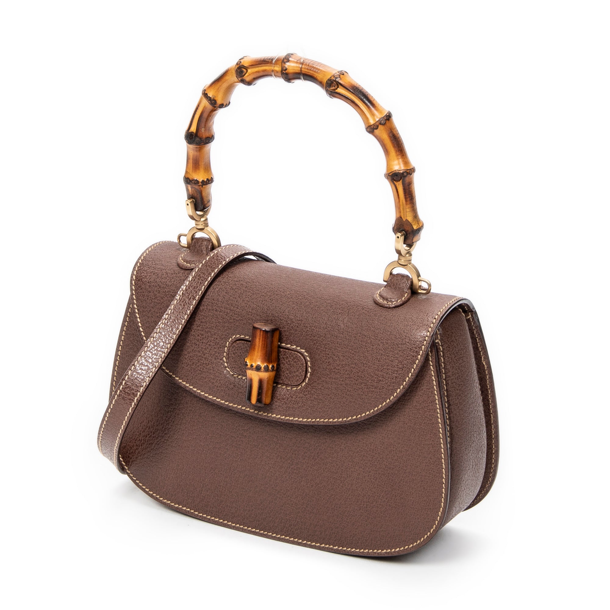 Shoulder Bag Small Bamboo Top Handle Flap Brown Calfskin Leather