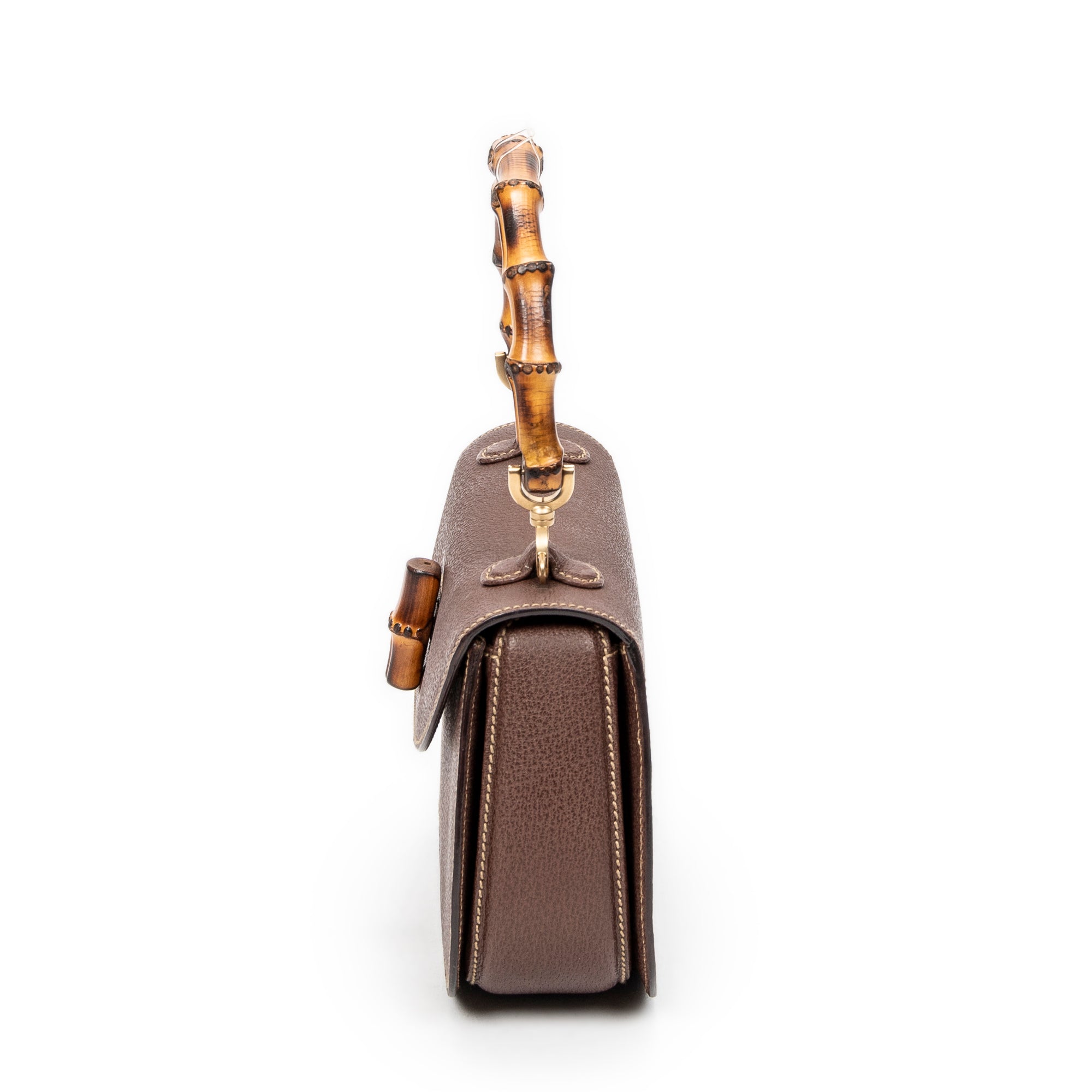 Shoulder Bag Small Bamboo Top Handle Flap Brown Calfskin Leather