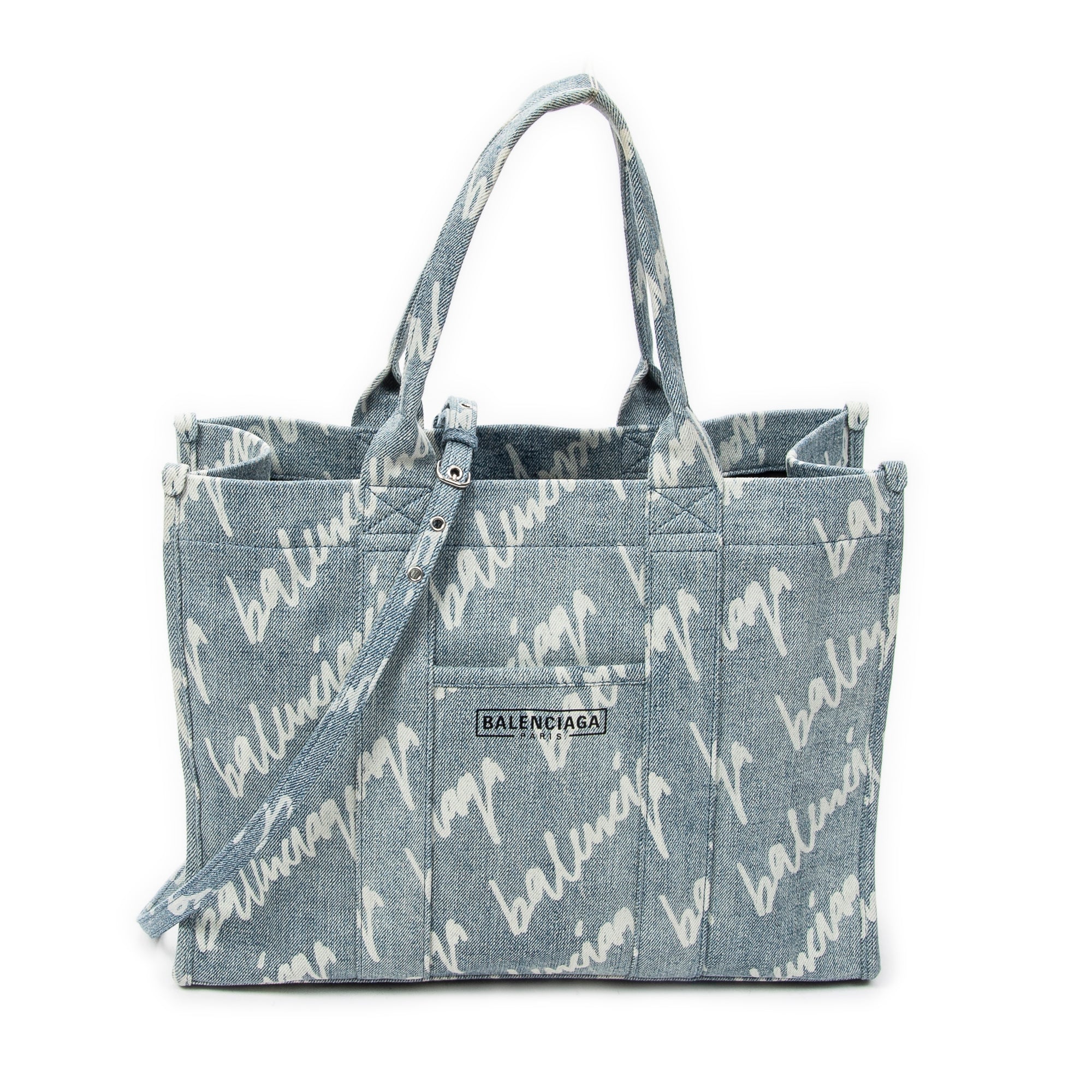 Shoulder Bag Medium Hardware Tote Light Blue Scribble Print Denim Canvas