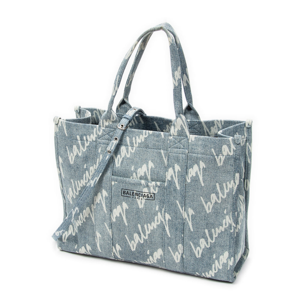 Shoulder Bag Medium Hardware Tote Light Blue Scribble Print Denim Canvas