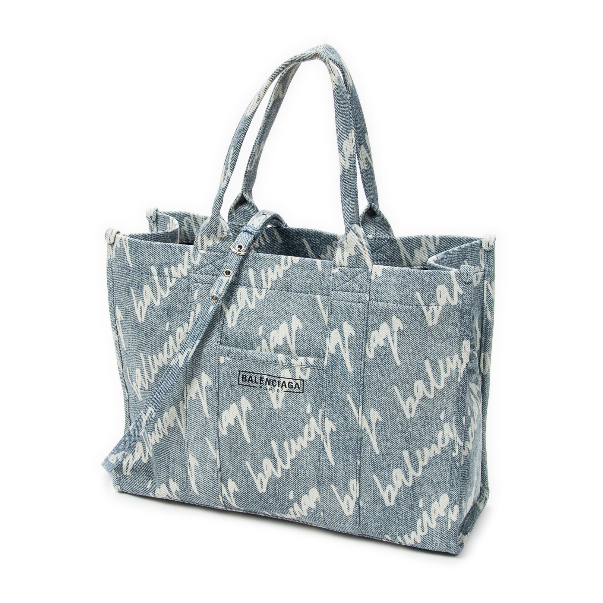 Shoulder Bag Medium Hardware Tote Light Blue Scribble Print Denim Canvas