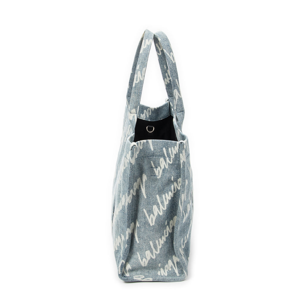 Shoulder Bag Medium Hardware Tote Light Blue Scribble Print Denim Canvas