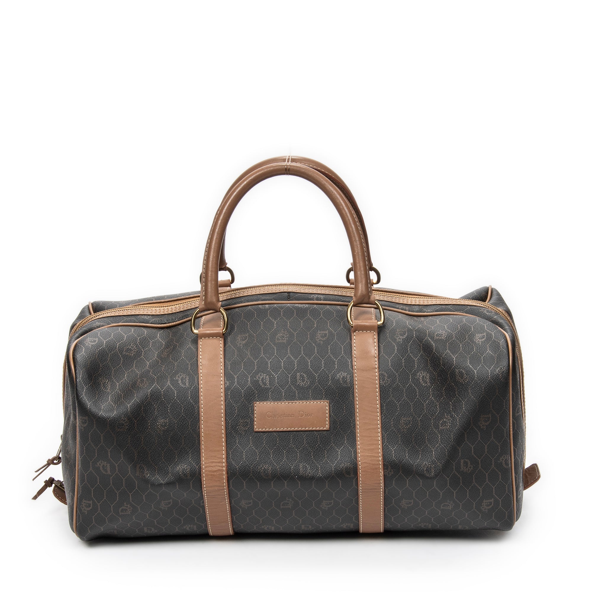 Travel Bag Medium Vintage Travel Boston Grey Honeycomb Coated Canvas