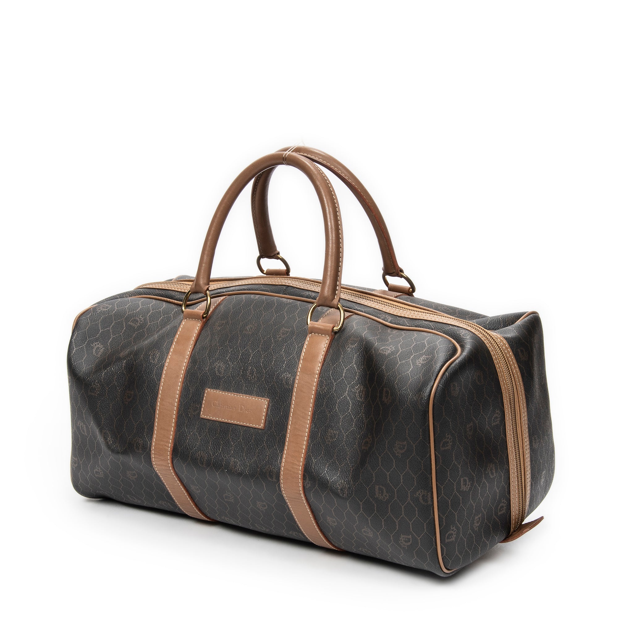 Travel Bag Medium Vintage Travel Boston Grey Honeycomb Coated Canvas